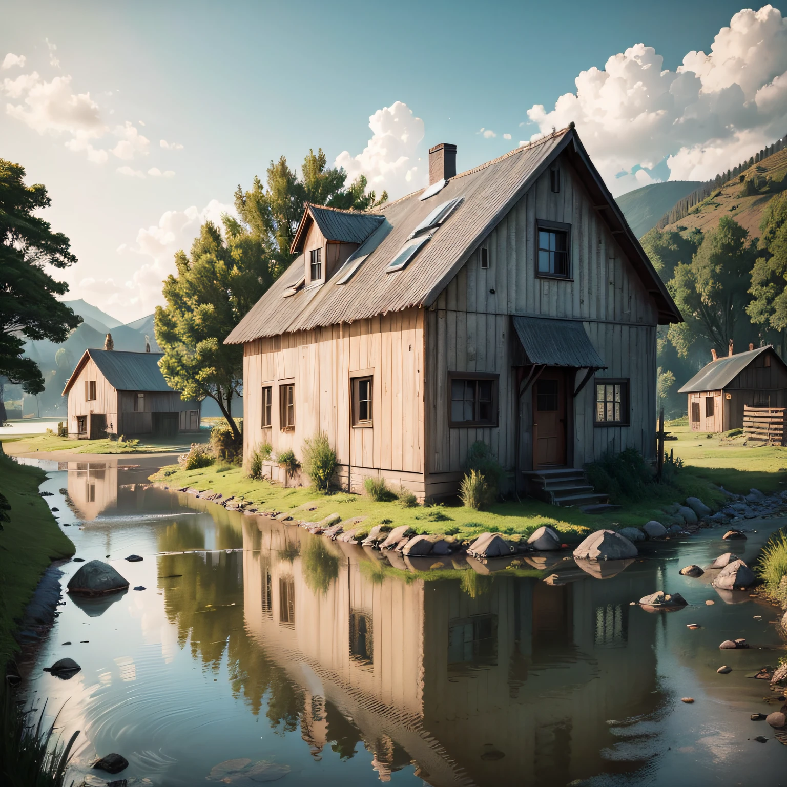 A rural house with flowing water --auto