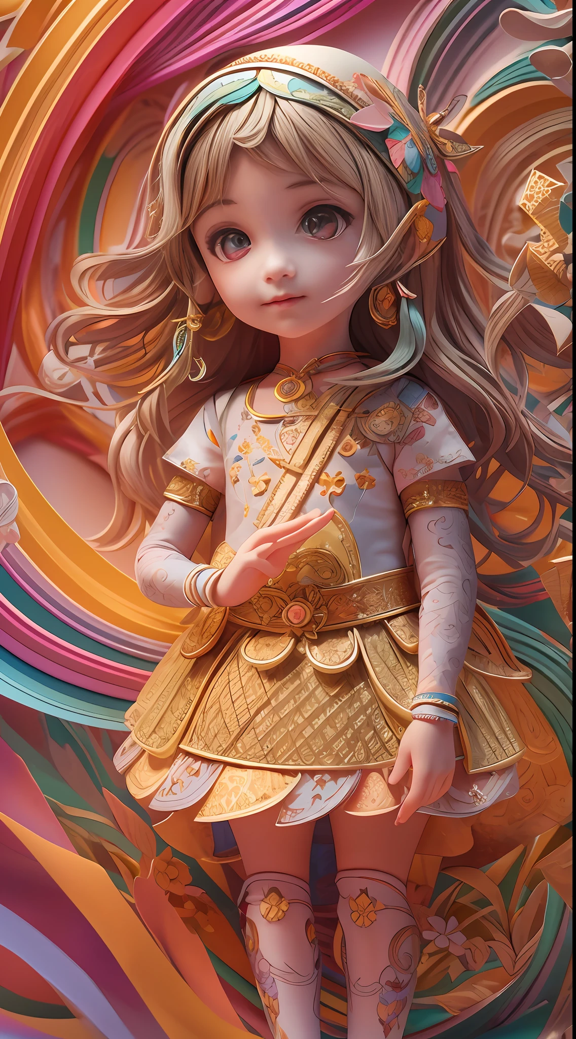 illustration: 1.3), paper art, 3D rendering of, Colorful background, (cute female child: 1.3), (Masterpiece Lamei: 1.2) , Colorful, Best quality, Detailed details, Masterpiece, offcial art, movie light effect, 4K, Chiaroscuro , Flash
