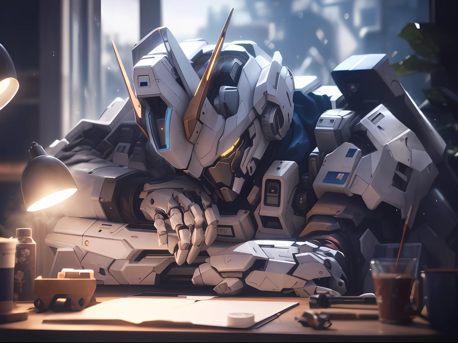 The Alafard robot sits on the table，Holding a laptop and a lamp, akihiko yoshida. illusory engine, ultra detailed game art, 4k highly detailed digital art, film render, detailed cinematic rendering, 8 K high detail concept art, Barbatos Gundam, Detailed 4K rendering, Highly detailed movie, 4k rendering, 4 k render, 4K digital rendering