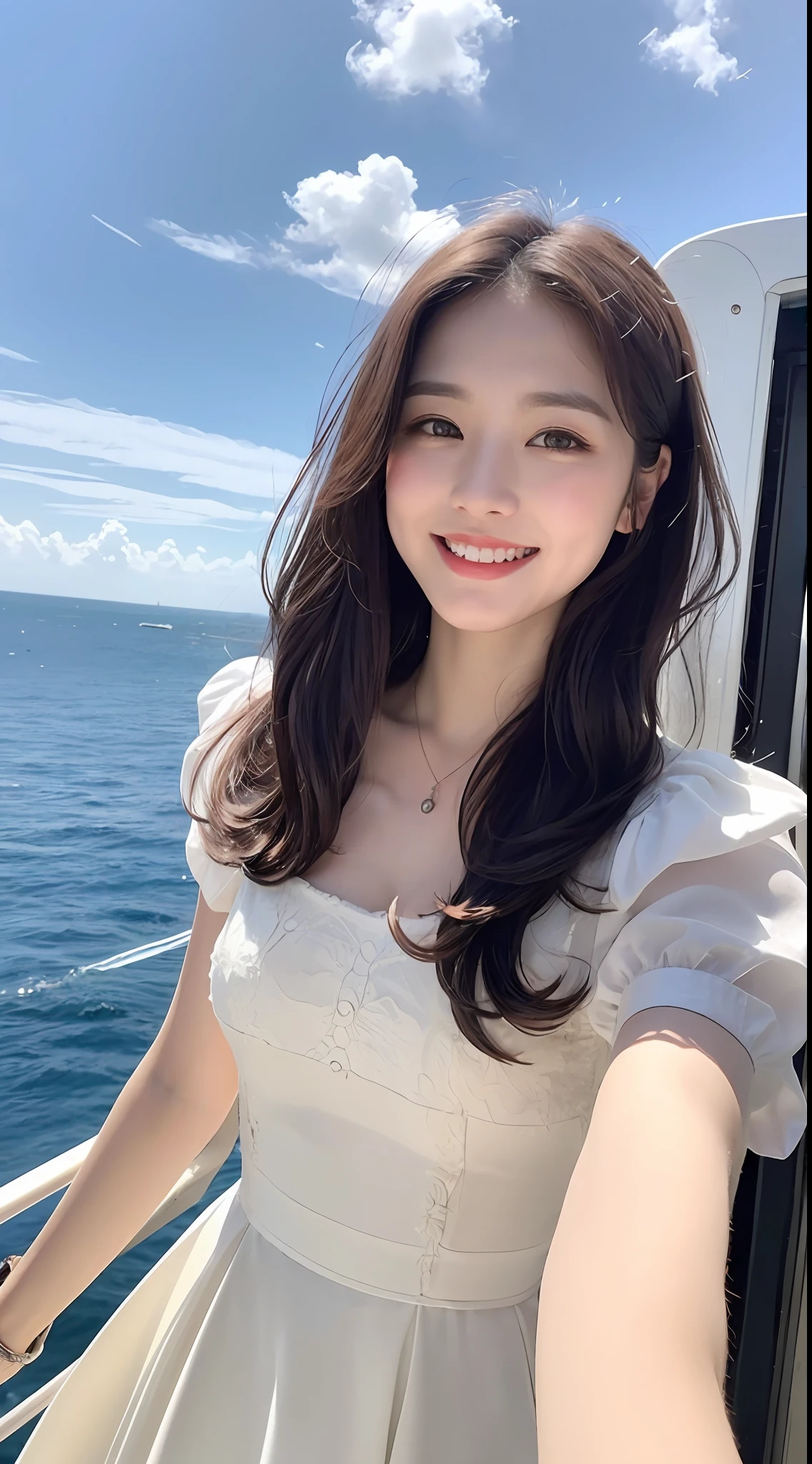 (1 Korean star with royal sister style), ((Best quality, 8K, 巨作: 1.3)), focal point: 1.2, Perfect body proportions: 1.4, (Make a smile), (Ray traching),Watery eyes, Highly Detailed Face and Skin Textur, Fine eyes, Double eyelids, Whitens the skin, (long whitr hair, Air bangs: 1.3), (face round: 1.5), (white dresses: 1.4), (standing on the ship: 1.6),(black lence stockings: 1.4),(film grain style:1.3),a sense of atmosphere,with blue sky and white clouds,the sea