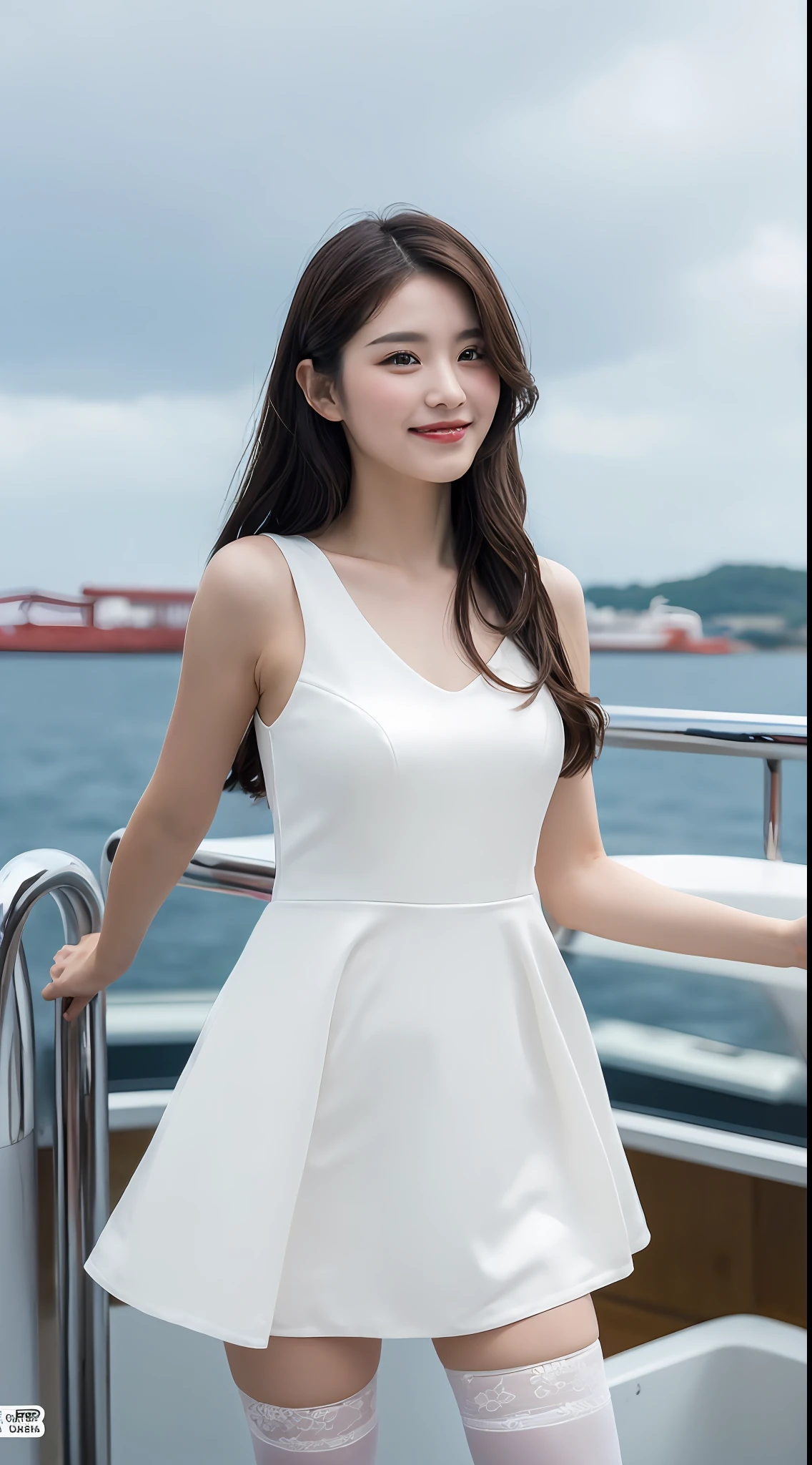 (1 Korean star with royal sister style), ((Best quality, 8K, 巨作: 1.3)), focal point: 1.2, Perfect body proportions: 1.4, (Make a smile),  （Ray traching）,Watery eyes, Highly Detailed Face and Skin Textur, Fine eyes, Double eyelids, Whitens the skin, (long whitr hair, Air bangs: 1.3), (face round: 1.5), (white dresses: 1.4), (standing on the ship: 1.6),(black lence stockings: 1.4),(film grain style:1.3)，a sense of atmosphere，with blue sky and white clouds，the sea