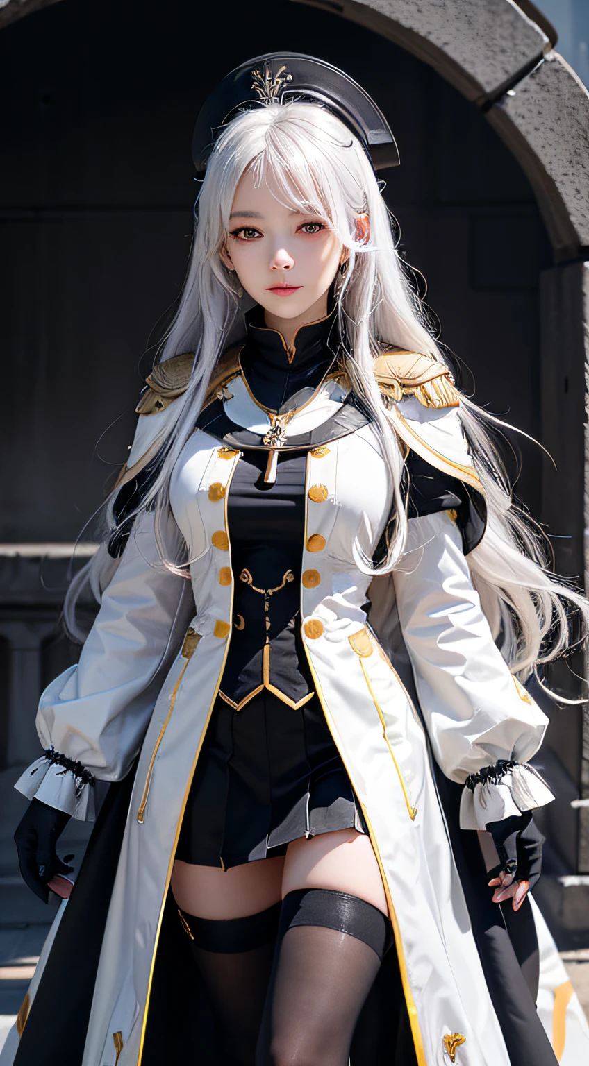 female abyssal admiral (kancolle), bloodstain,wind coat,armor,dress,white_thighhighs,gloves ,cross necklace,ruins,naval cap,{expressionless}black_skirt,blush,,colored_skin,glowing,glowing_eyes,long_hair,,white_hair,white_skin,yellow_eyes{best quality}, {{masterpiece}}, {highres}, original, extremely detailed 8K wallpaper, 1girl, {an extremely delicate and beautiful},,,