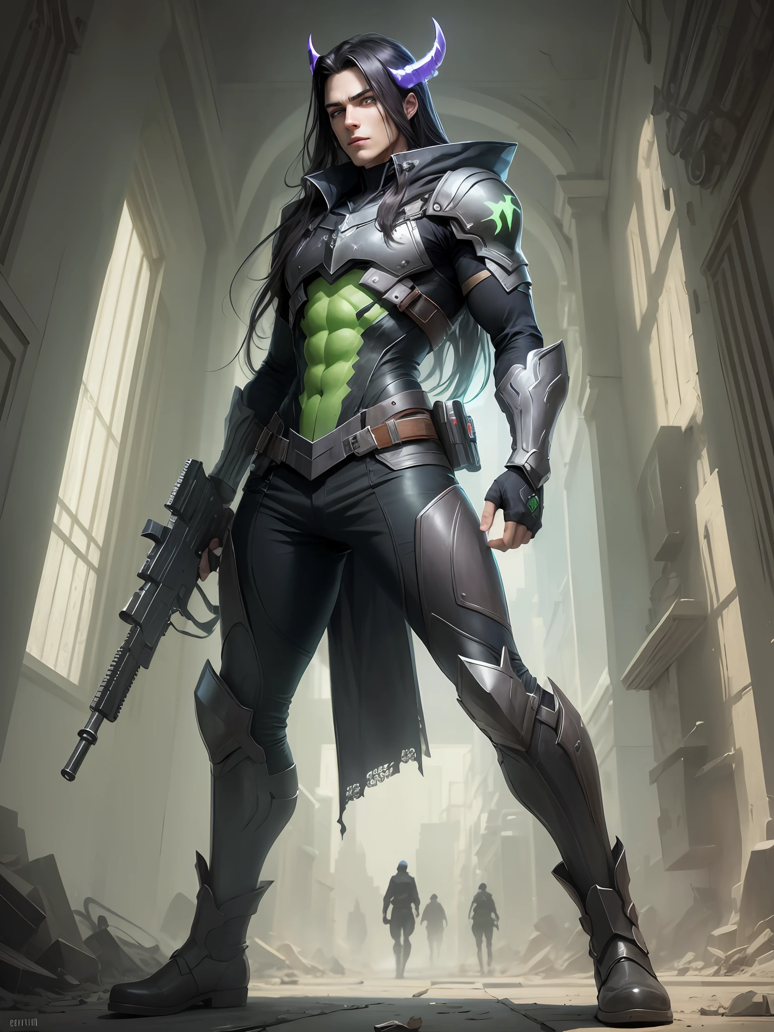 Male demon hunter long black straight hair green eyes two guns --auto --s2