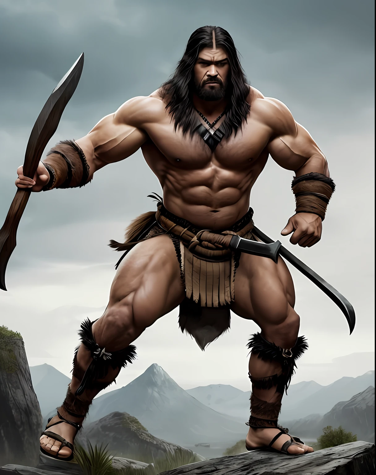 1 strong man、Full body like、Primitive barbarian style,Strong body shape,coarse, Stoic savage with visible pupils、Detailed face,Raven-shaped headdress,With a spear,Full body standing painting,dynamic poses,white back ground,A masterpiece,best quility,Optimal resolution,8K,