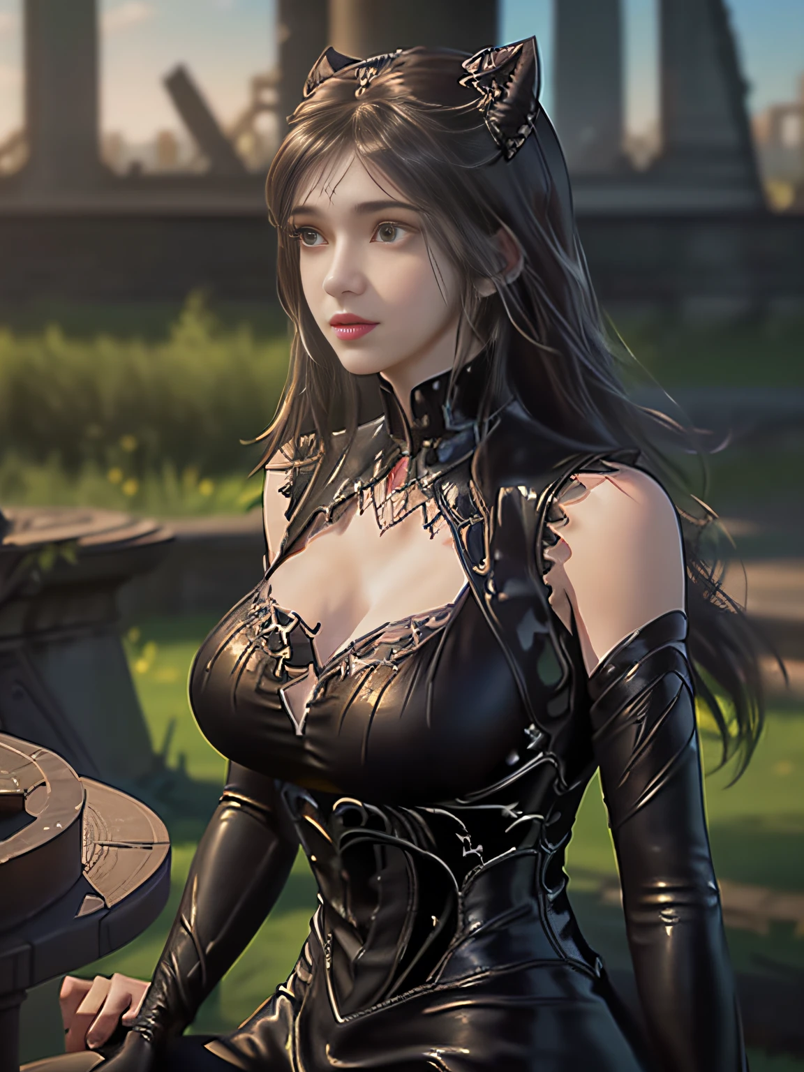 1girl, solo, blunt_bangs, long_hair, bangs, (looking at viewer:1.3),(detail face:1.2),realistic,
blurry, depth_of_field, 1girl, breasts, motion_blur, lips, (ruins:1.5),black cat,night,clock tower,(cleavage:1.5),sitting,(upper body:1.3),
(large breasts:1.2),