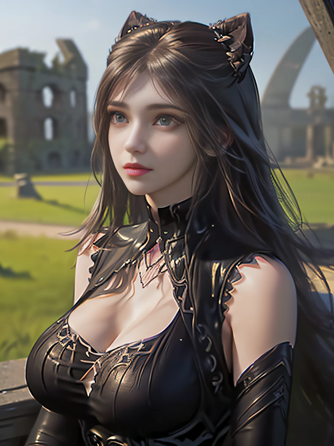 1girl, solo, blunt_bangs, long_hair, bangs, (looking at viewer:1.3),(detail face:1.2),realistic,
blurry, depth_of_field, 1girl, breasts, motion_blur, lips, (ruins:1.5),black cat,night,clock tower,(cleavage:1.5),sitting,(upper body:1.3),
(large breasts:1.2),