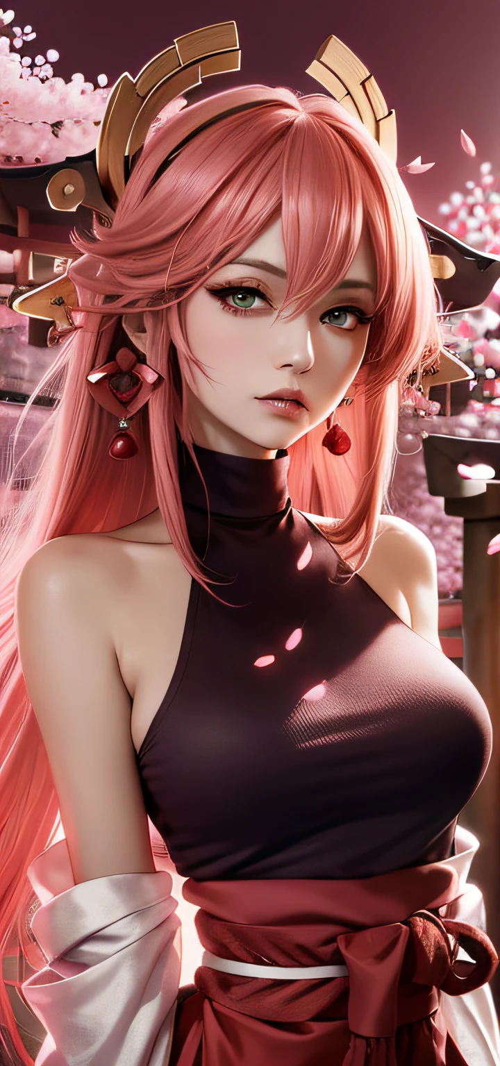 (Masterpiece, Excellent, 1girl, solo, complex details, color difference), realism, ((medium breath)), off-the-shoulders, big breasts, sexy, Yae Miko, long pink hair, red headdress, red highlight, hair above one eye, green eyes, earrings, sharp eyes, perfectly symmetrical figure, choker, neon shirt, open jacket, turtleneck sweater, against the wall, brick wall, graffiti, dim lighting, alley, looking at the audience, ((mean, seductive, charming)), ((cherry blossom background ))),((Japanese temple background)))), (((Glow-in-the-dark background)))