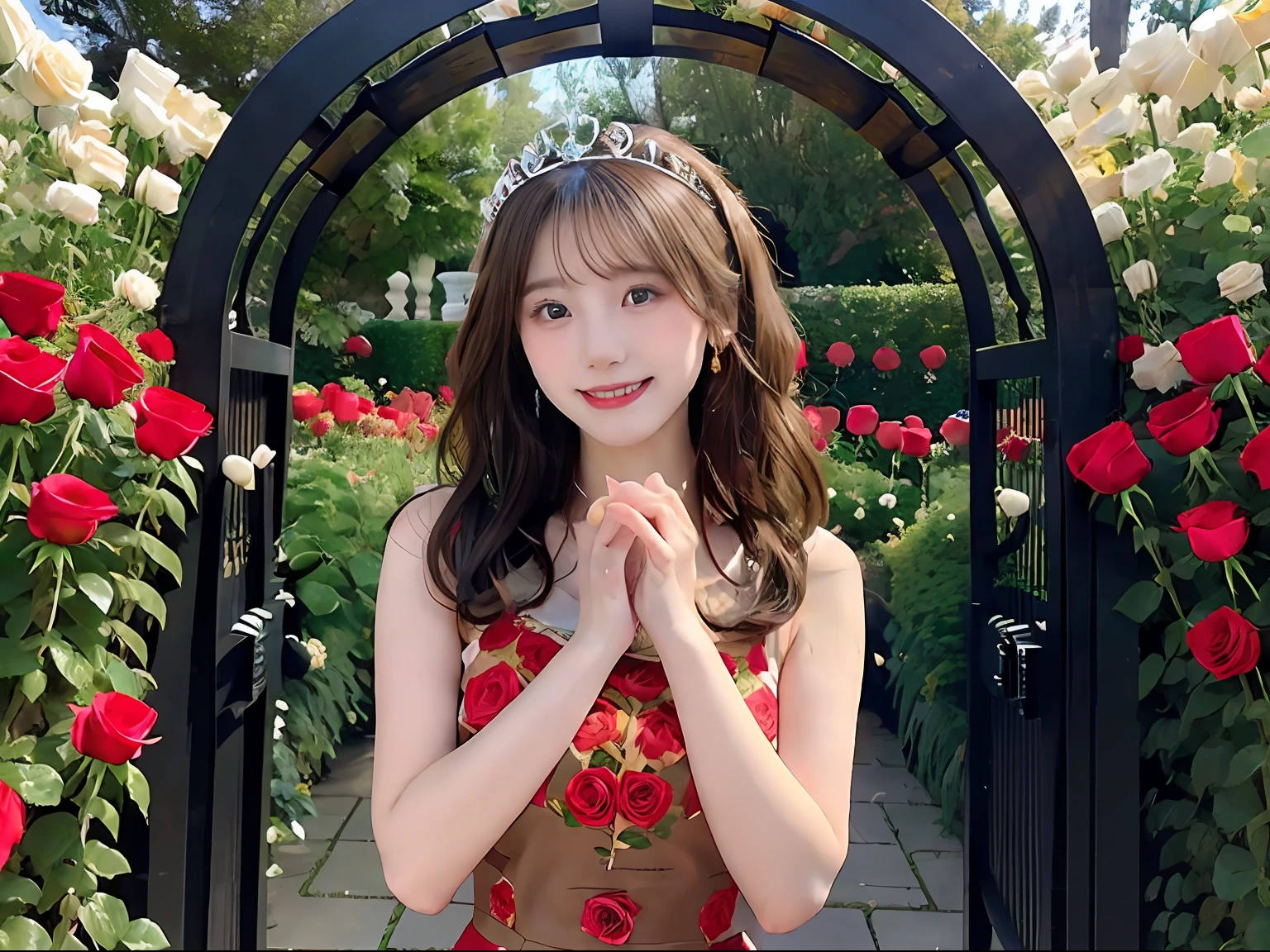 best quality, masterpiece, ultra high res, (photorealistic:1.4), RAW photo,cinematic lighting,(a japanese girl:1.5),solo,20 years old,big breasts,(detailed beautiful face:1.5),(real skin:1.5),(slender,thin legs:1.3),(big eyes:1.3),(smiling:1.3),(brown wavy hair:1.5),(Princess,gorgeous dress,tiara:1.5),(in garden,arch roses:1.8),(millions of rose flowers:1.5),(gate decorated with roses:1.8),(circle of roses:1.5),