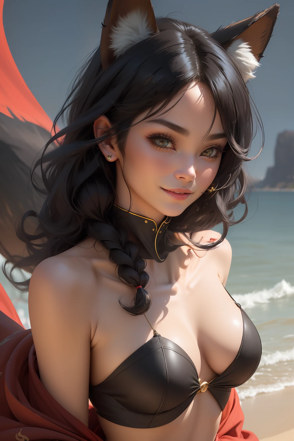 black hair, hair bobbles, wince, longeyelashes, solid circle eyes, fake animal ears, light smile, fox ears, fox mask, Surrealism, drop shadow, anaglyph, stereogram, tachi-e, pov, atmospheric perspective, 8k, super detail, ccurate, best quality, textured skin, high details