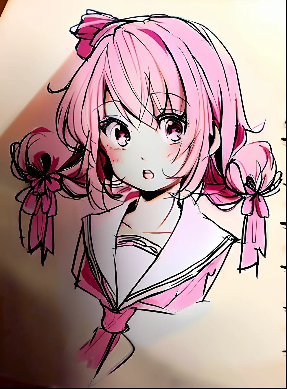 Drawing of a girl with a ponytail and a bow, anime style drawing, Line sketch!!, Cute anime style, traditional drawing style, style of anime》, Yandere, anime sketch, clean anime outlines, yandere intricate, an anime drawing, small loli girl, kawaii anime manga style, style of anime, Anime Paintings, small curvaceous loli, up of young anime girl