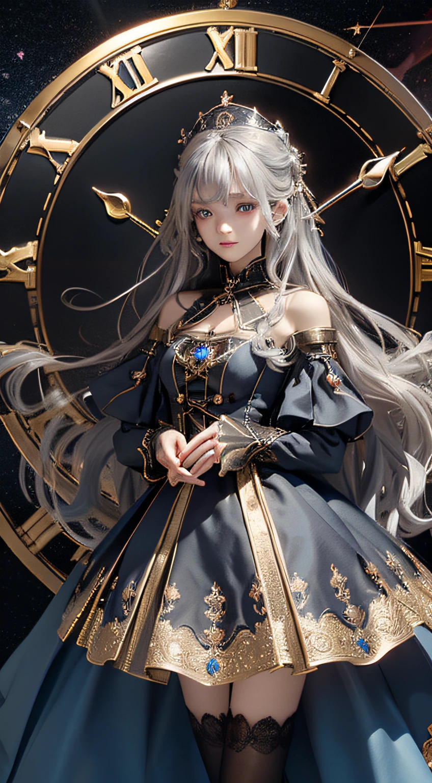 1girl ,{Background (In a huge clock)}, {Deep black blue eyestwinkling with the stars}, {Beautiful lolita},(beautiful detailed eyes),long_ hair,{loli},{{{clock style magic array}}},With magic feathers floating around,{masterpiece}, {(best quality)},{high-quality},{{magic clock dial}}, {darker light}, {flat chest}, {warm tone},silver_hair,magic_circle, ,{Animation style}, {{The silver whirlwind revolving around the characters}},