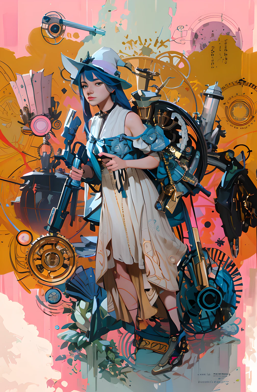 Anime - Style illustration of a woman in a hat and a gun, Colorful sci-fi steampunk, beeple and alphonse mucha, jc leyendecker and sachin teng, clockwork woman, Art Nouveau! Cyberpunk! Style, mechanized witch girl, portrait of a mechanical girl, Mechanized Valkyrie girl, Kushatt Krenz Key Art Women，High detail, Tonalism, abstract expressionism, Chiaroscuro, shadowing, Silhouette, 16k, Super detail, Best quality