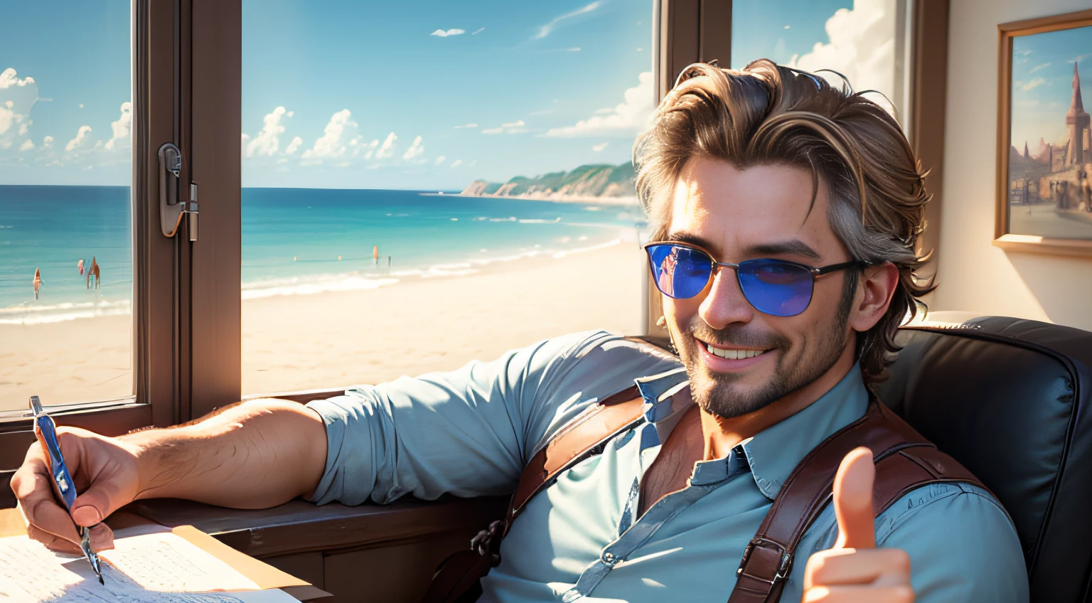 (((masterpiece))), hightquality, detail portrayal, sharp lineart, Beautiful colors, vibrant background, Window Glass, light and shadows, Sunglasses worn over the ears, Smile, Thumbs up, humor, Luggage, age 40s, Elation --auto
