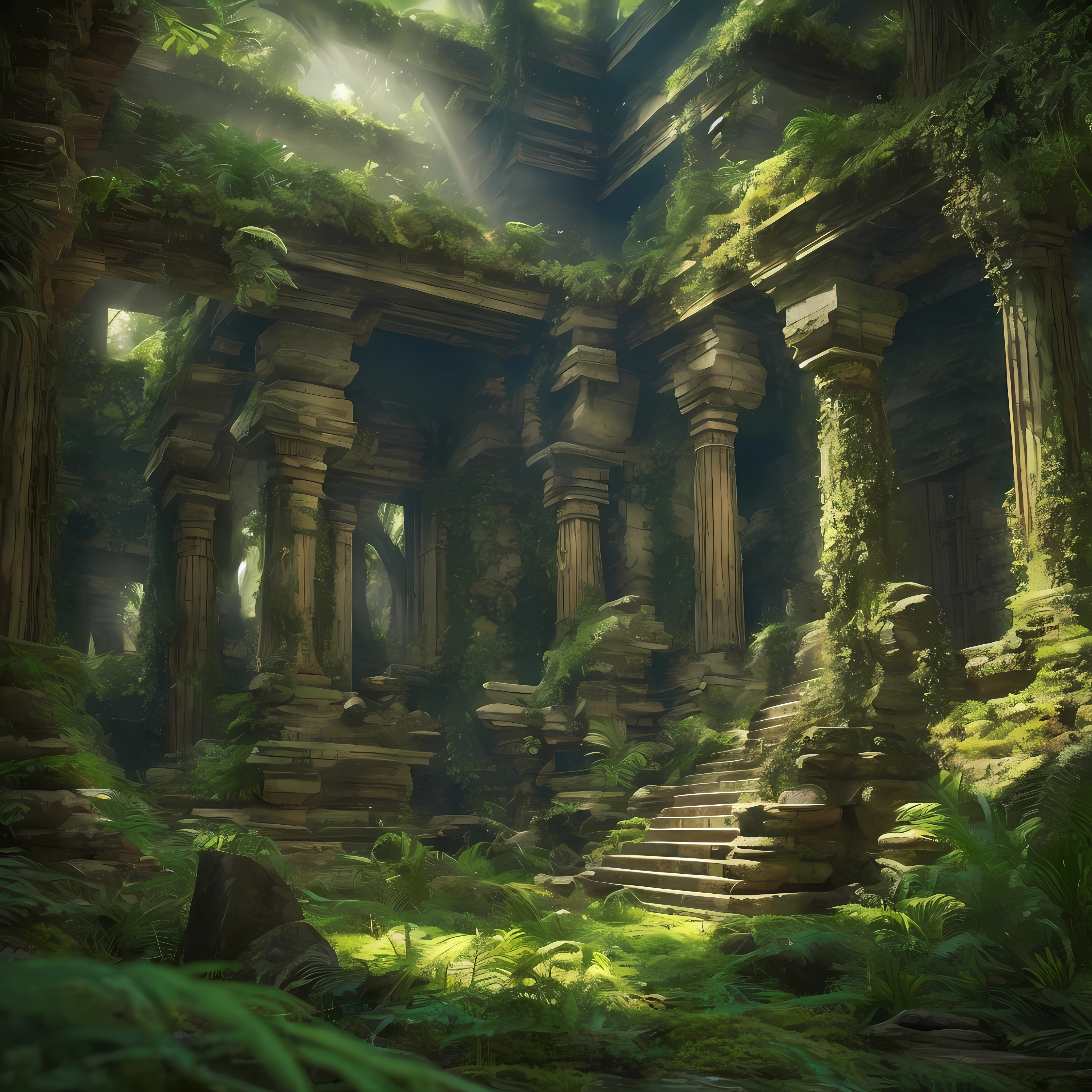 A group of explorers stands in awe amidst the dense foliage of an ancient jungle. In front of them lie the overgrown ruins of a long-lost civilization. Moss-covered stone temples, towering pyramids, and crumbling statues of forgotten deities reveal the secrets of a bygone era. Mysterious, atmospheric, overgrown, ancient, adventurous, vibrant, dappled sunlight, lush vegetation, hidden treasures, wildlife encounters, weathered stone, enchanting, exploration. Henri Rousseau's jungle landscapes, Indiana Jones film series, H. R. Giger's surreal environments, Art Nouveau motifs, and Alphonse Mucha's intricate detailing. 4K UHD image, cinematic view, Unreal Engine 5 rendering, volumetric lighting, vivid colors, sharp focus on the central ruins, depth-of-field effect to create a sense of depth and mystery.