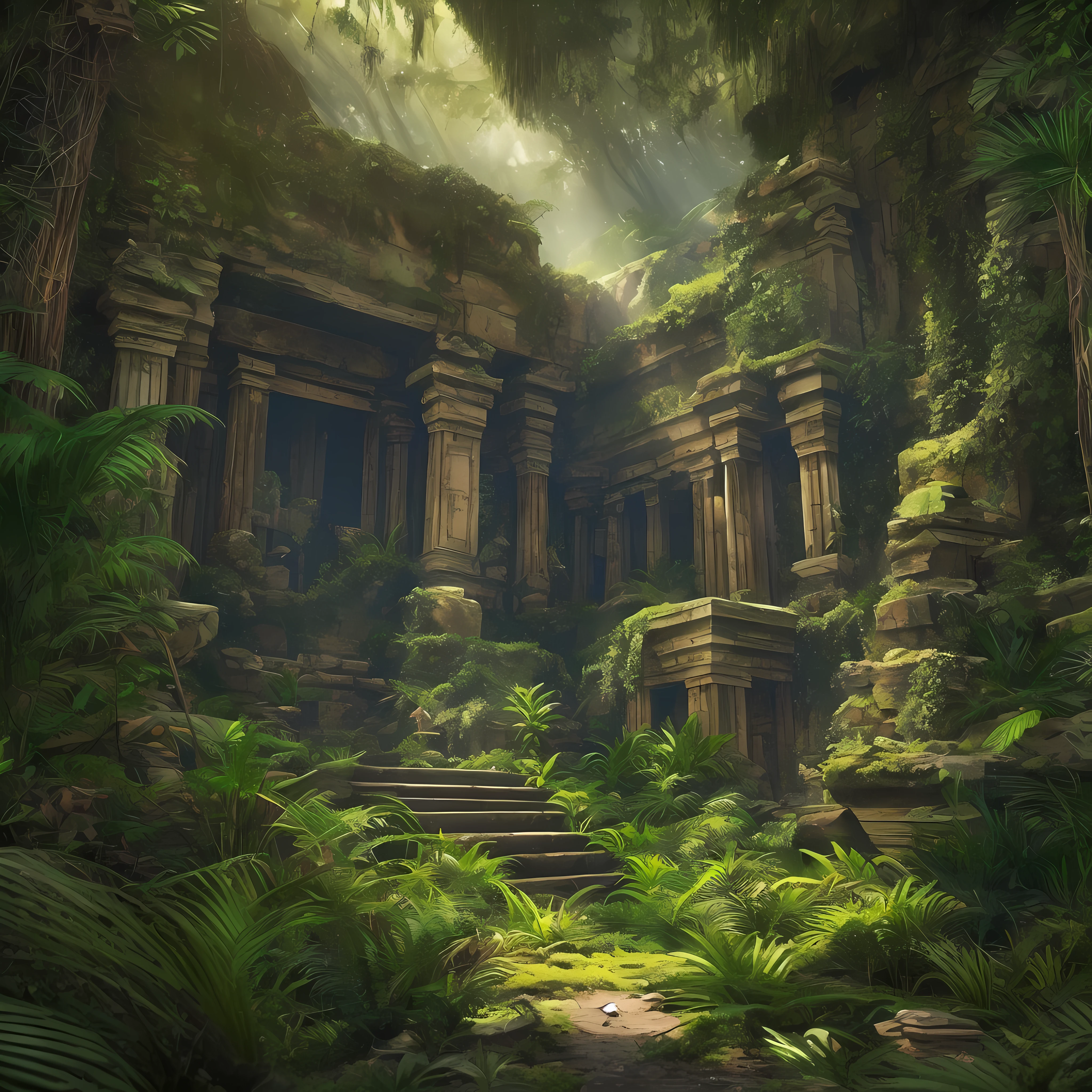 A group of explorers stands in awe amidst the dense foliage of an ancient jungle. In front of them lie the overgrown ruins of a long-lost civilization. Moss-covered stone temples, towering pyramids, and crumbling statues of forgotten deities reveal the secrets of a bygone era. Mysterious, atmospheric, overgrown, ancient, adventurous, vibrant, dappled sunlight, lush vegetation, hidden treasures, wildlife encounters, weathered stone, enchanting, exploration. Henri Rousseau's jungle landscapes, Indiana Jones film series, H. R. Giger's surreal environments, Art Nouveau motifs, and Alphonse Mucha's intricate detailing. 4K UHD image, cinematic view, Unreal Engine 5 rendering, volumetric lighting, vivid colors, sharp focus on the central ruins, depth-of-field effect to create a sense of depth and mystery.
