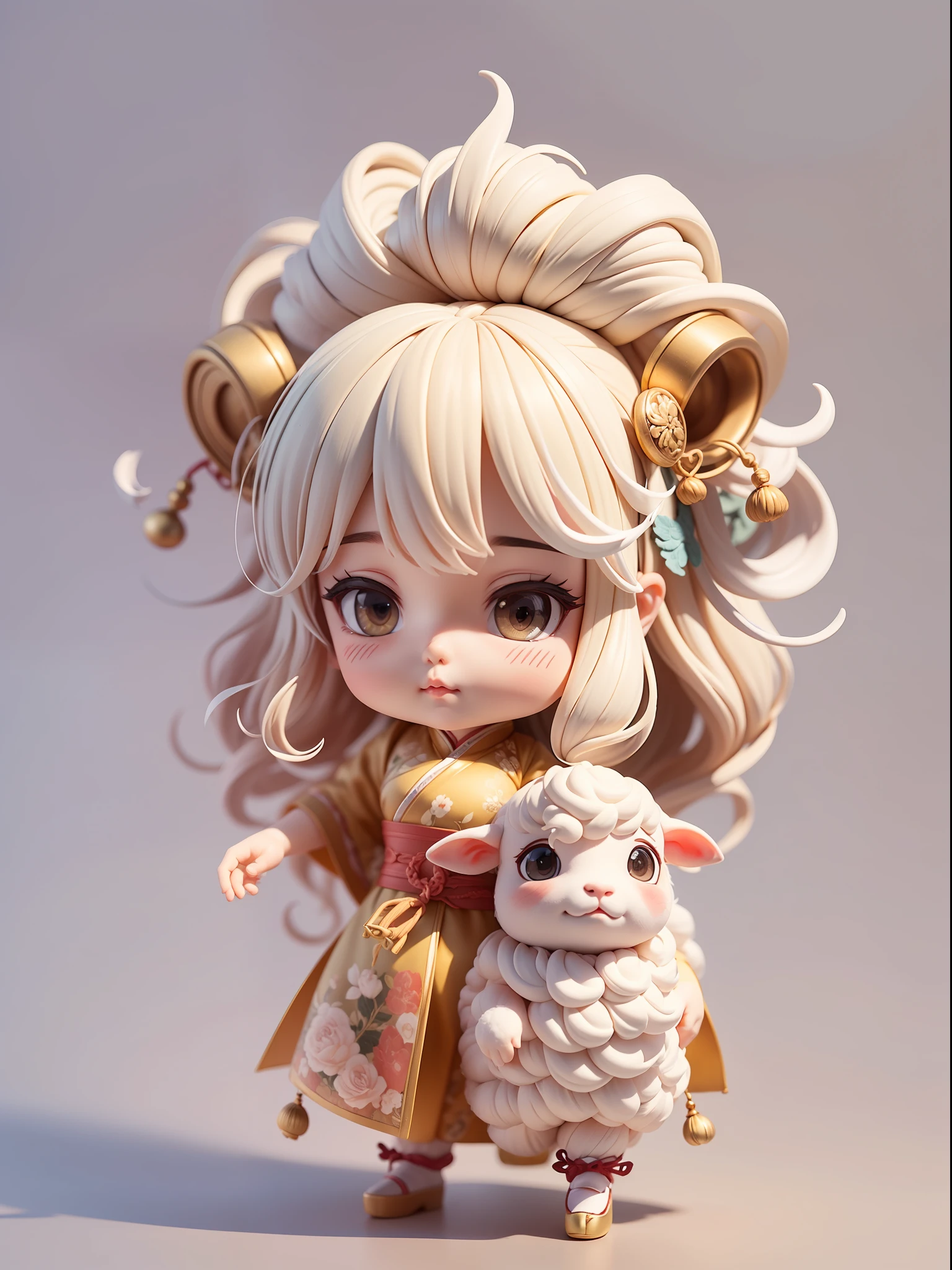Cute sheep dressed in traditional Ming dynasty Chinese chef costumes，A little sheep，sheep horns，Curls，电影灯光，Clean white background，Premium color，Full body 3D model，Elements of ancient Chinese culture，action，Stylish blind box toy。(fill body:1.2)，chibi，--Style performance --AR 3：4 --Style performance --upbeta --Niji 5，The action of attracting wealth，Raise a hand