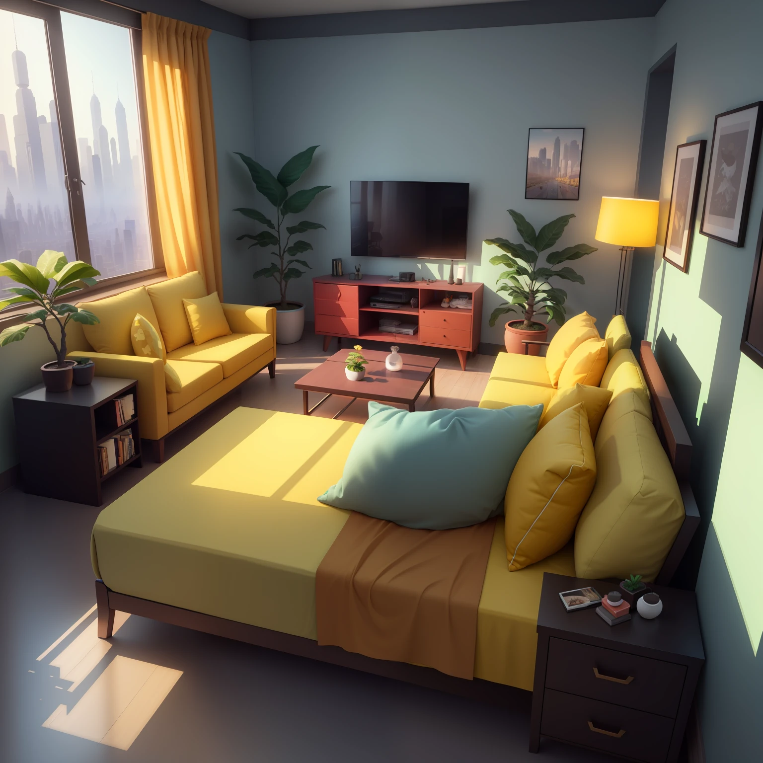 (Isometric perspective: 1,5), (Estilo Pixar: 1,2), room, bed, Sofa (Small bonsai: 0,8), table lamp, tv set, fresco, 3D, Cyberpunk, Panoramic photo, yellow background, solid background, Global Illumination, ray traced, simulation, HDR, Octane rendering, Unreal rendering, behance, Dribble, Artstation, beste-Qualit, 8k,