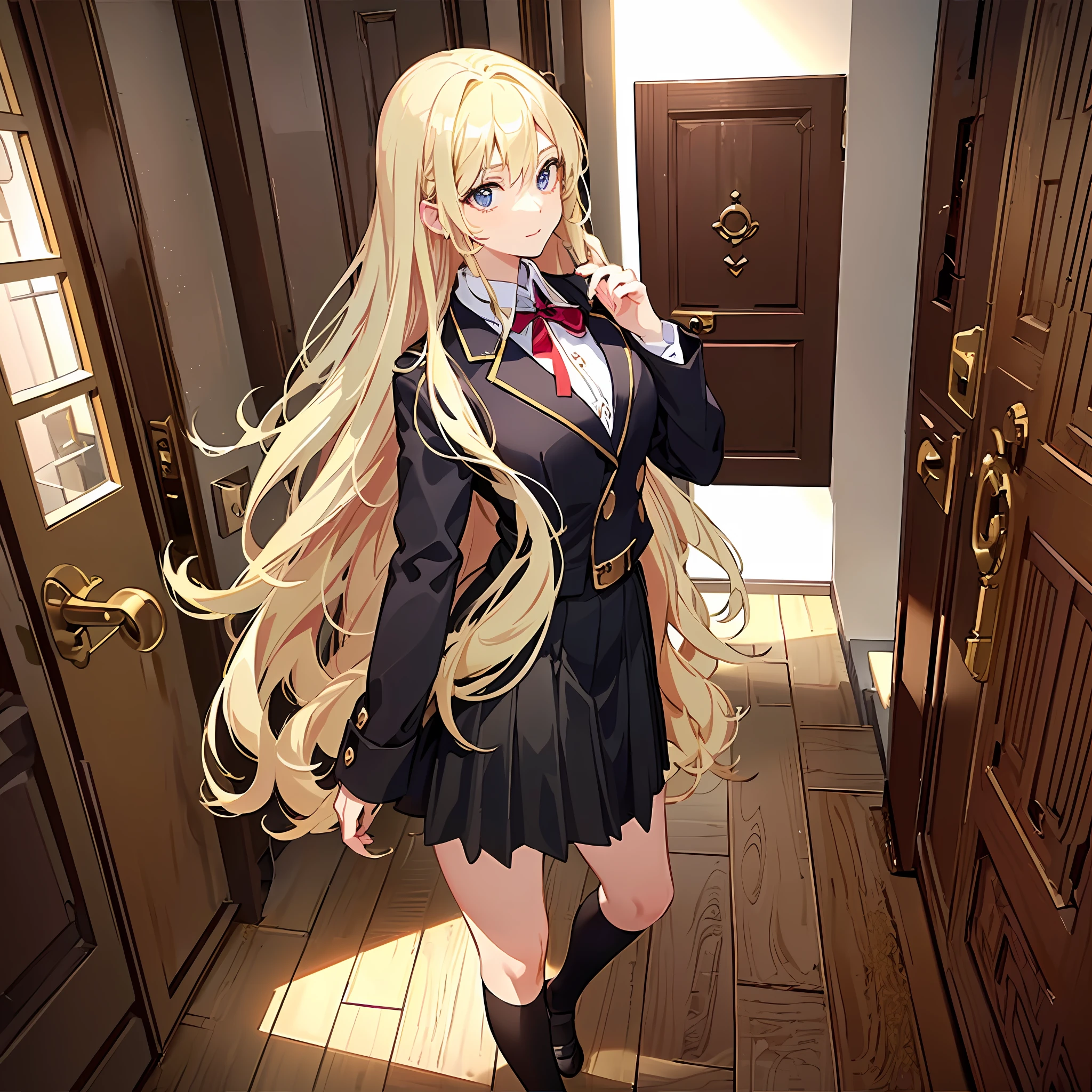 1girll,(Long fluffy blonde hair:1.6),Business suit,Skirt that wraps hips,black long socks,Mature and beautiful,Rich and noble families,In the corridor of the villa,(Knocking on the door:2),facing away from the audience,Ultra-detailed CG,Exquisite facial features,Clear facial expressions,Detailed digital anime art,Digital anime art,High quality anime art style