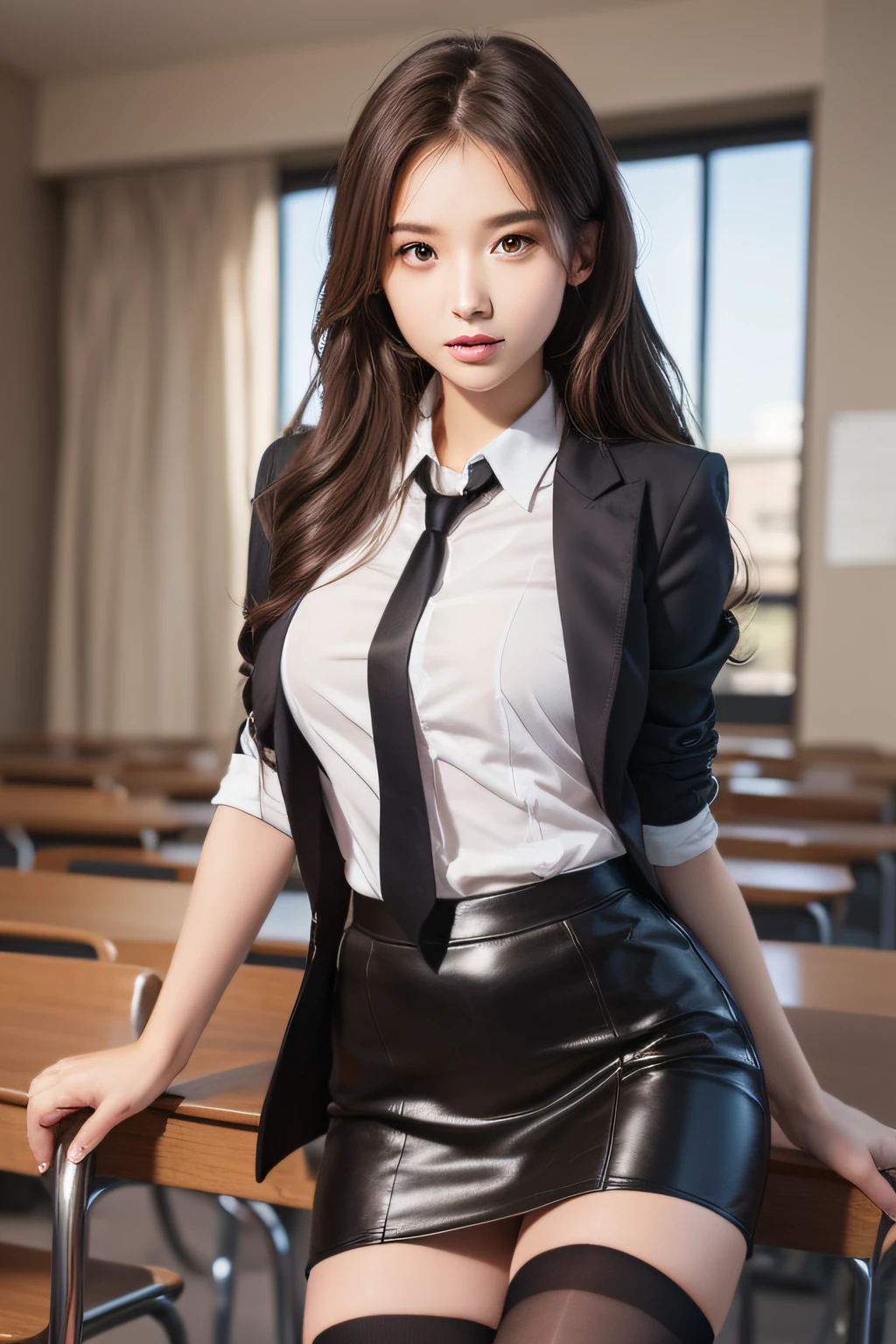 Pretty girl standing, thin legs, high heels on the ground, classroom, (masterpiece:1.3), (8k, photorealistic, RAW photo, best quality: 1.4), (1girl), beautiful face, (realistic face), brown hair, long hair, beautiful hairstyle, realistic eyes, beautiful detailed eyes, realistic skin, beautiful skin, Super high resolution, super realistic, very detailed, golden ratio, cute, cute schoolgirl, high school girl in jk uniform, surreal high school girl, short skirt, tight skirt, pantyhose, black stockings, full body view, thin arms, big breasts
