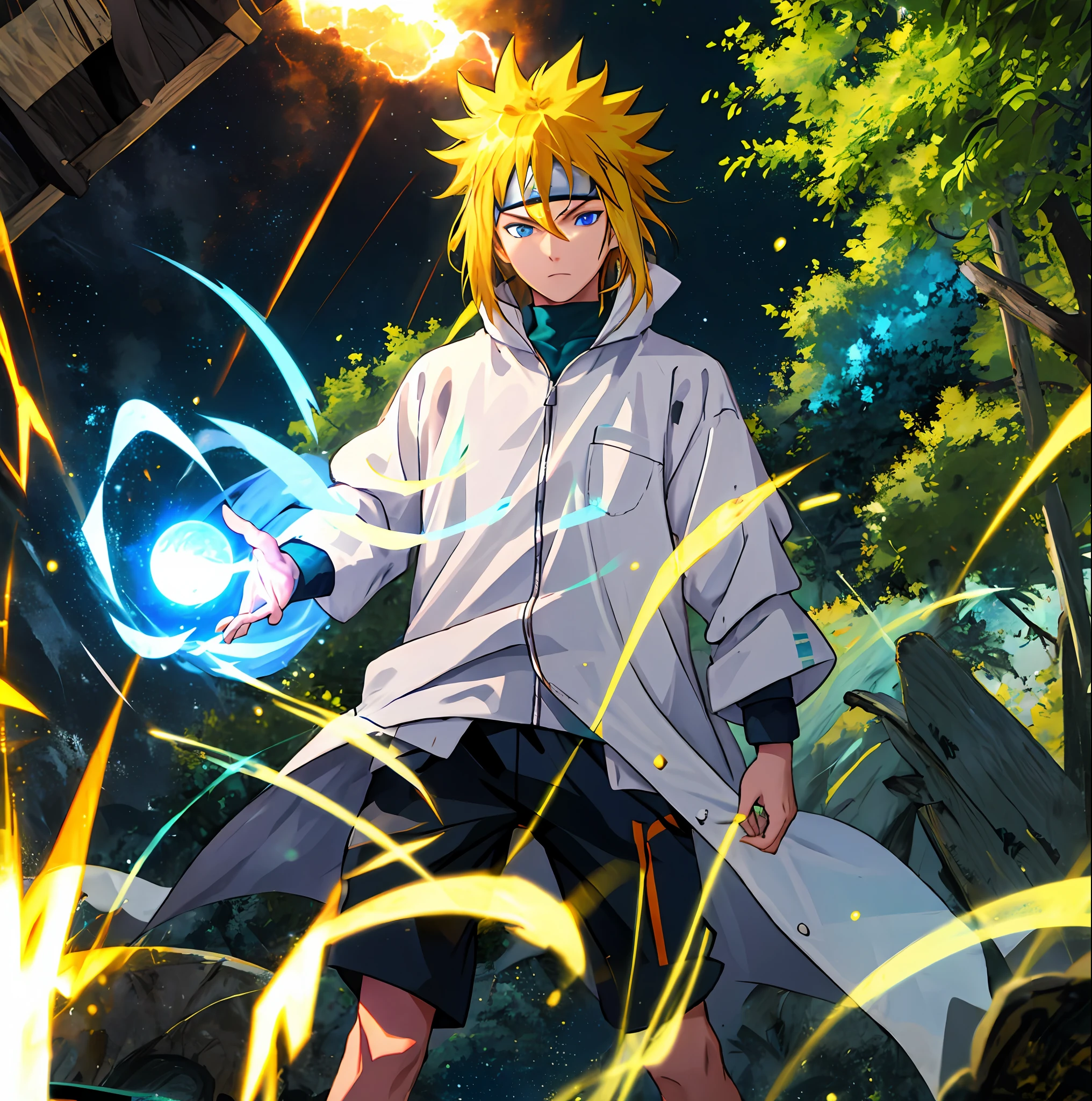 1人，spiked hair，Yellow hair，Energy blue ball with particles，Black orange tracksuit，Forehead protector，White short-sleeved raincoat，rios，Yellow light lightning，the night，eBlue eyes，actionpose