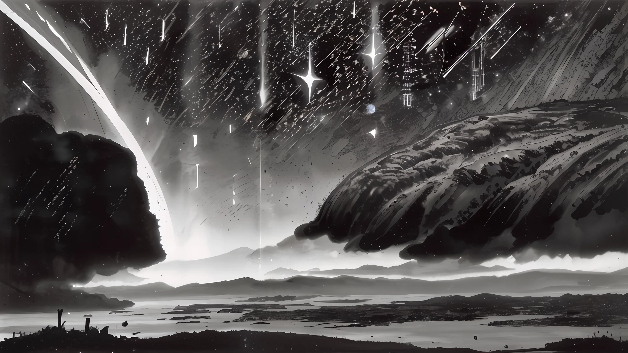 Black and white painting style，fires，meteorite，Armageddon，2 d anime style，black andwhite，meteor shower，The moon hangs high