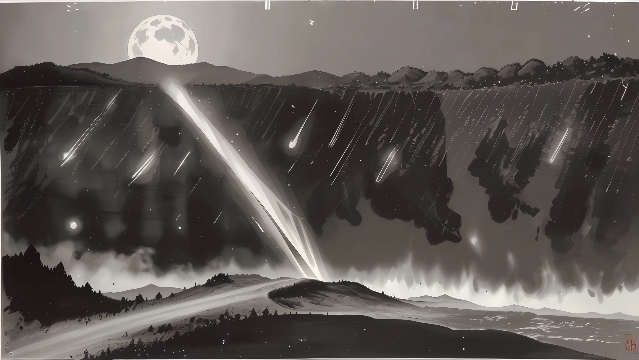 Black and white painting style,fires,meteorite,Armageddon,2 d anime style,black andwhite,meteor shower,The moon hangs high