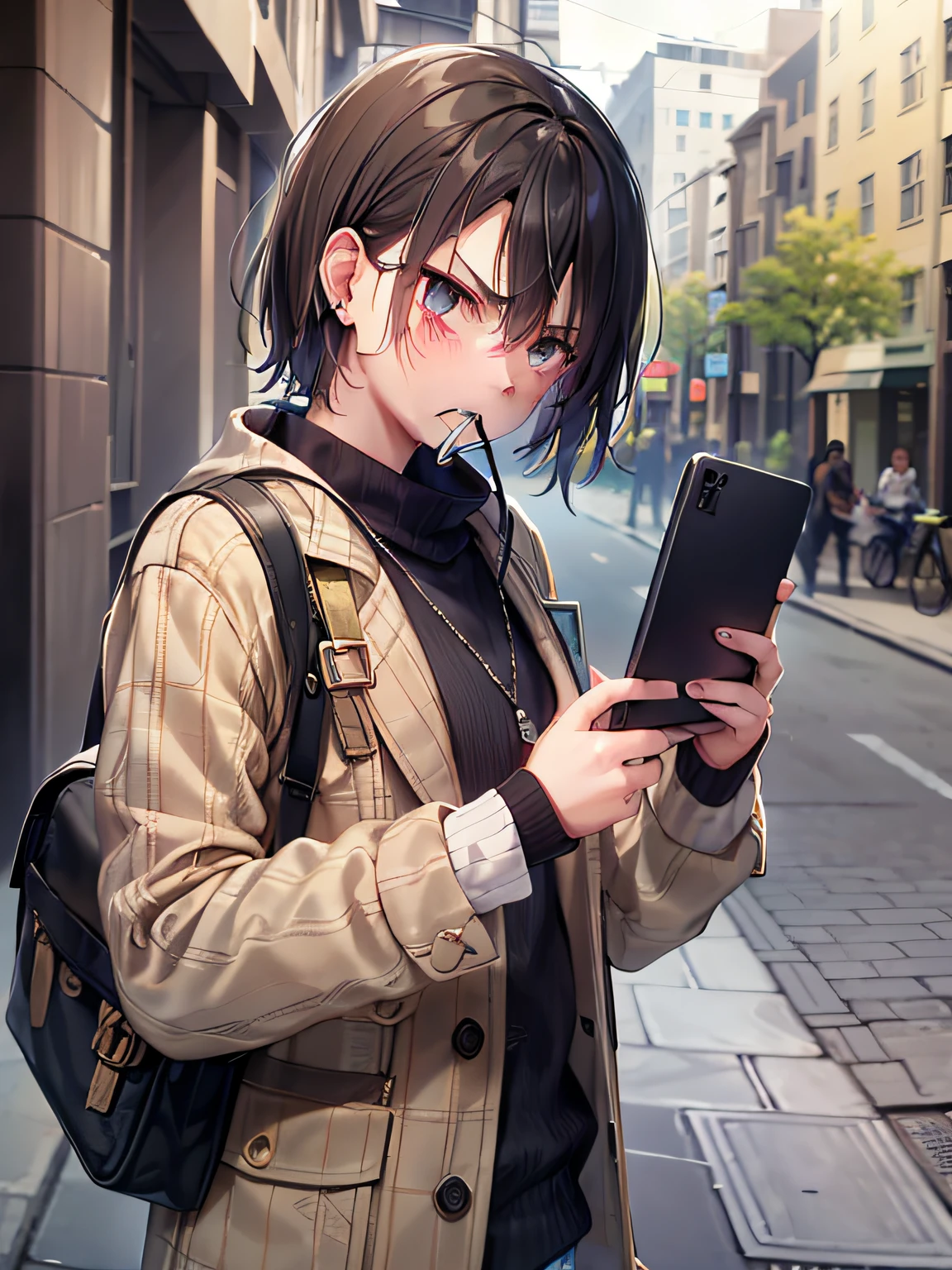 a pregirl,Ordinary looking,Mobile phone in hand,He was looking angrily at the phone screen,Something is still scolding in the mouth,On the streets of the city