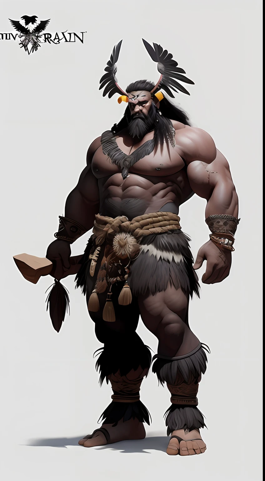 1 strong man、Full body like、Primitive barbarian style，Strong body shape，highly details eye、详细的脸，Raven-shaped headdress，Full body standing painting，dynamicposes，white backgrounid，tmasterpiece，best qualtiy，Best resolution，8K，