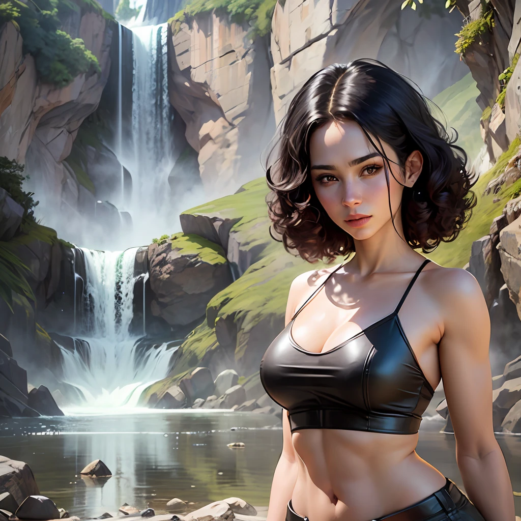 Ultra realistic beautiful, sexy, very sexy, Brazilian woman, 30 years old, curly black hair, Fit body, with a low-cut short dress, short white dress, woman in front of a very beautiful waterfall, Super realistic 8K resolution --auto --s2