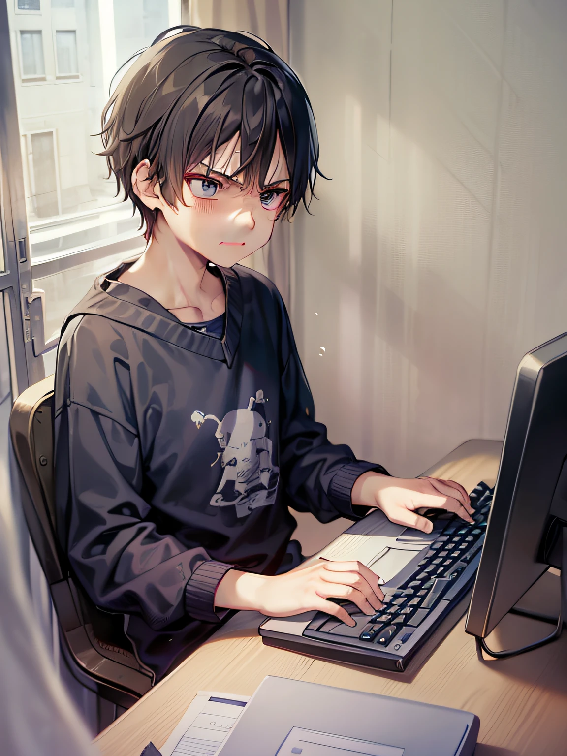 1boy ，The expression was very angry，The expression is hateful，He is dressed appropriately。He had a computer in front of him，His hand tapped on the keyboard。In a small room