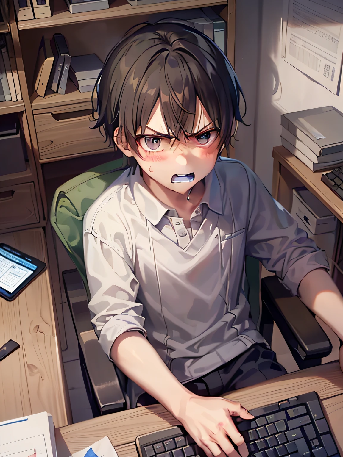 1boy ，The expression was very angry，The expression is hateful，He is dressed appropriately。He had a computer in front of him，His hand tapped on the keyboard。In a small room