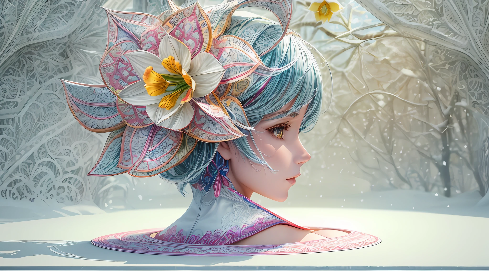 （symetry:1.5)，（Side line of beauty:1.3)，(Colorful narcissus flowers:1.2)，White background，paper art，a 3D render，extremely detaile, in Winter， (zentangle:1.2), (geomerty:1.2)，Cinematic lighting effects，4K，Masterpiece，