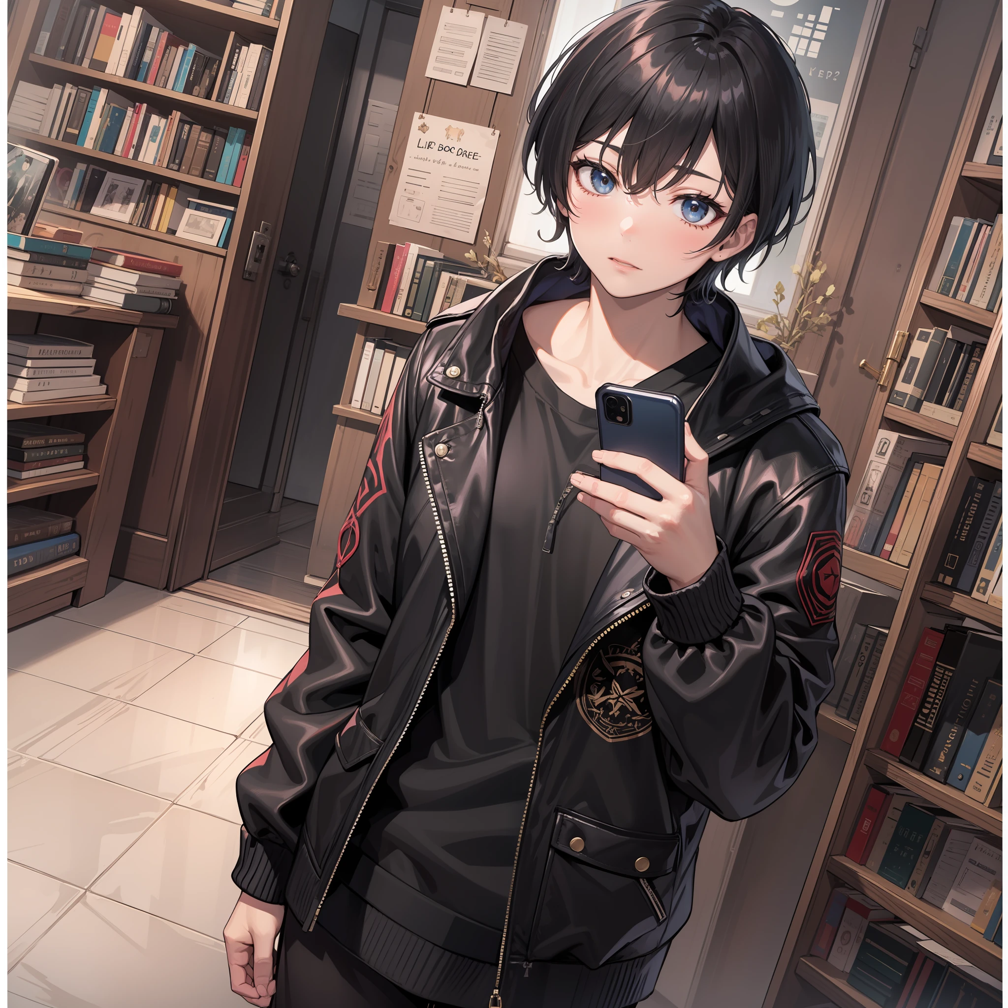 black black jacket，Short black hair，Libido boy，Look at the phone，In a room full of books