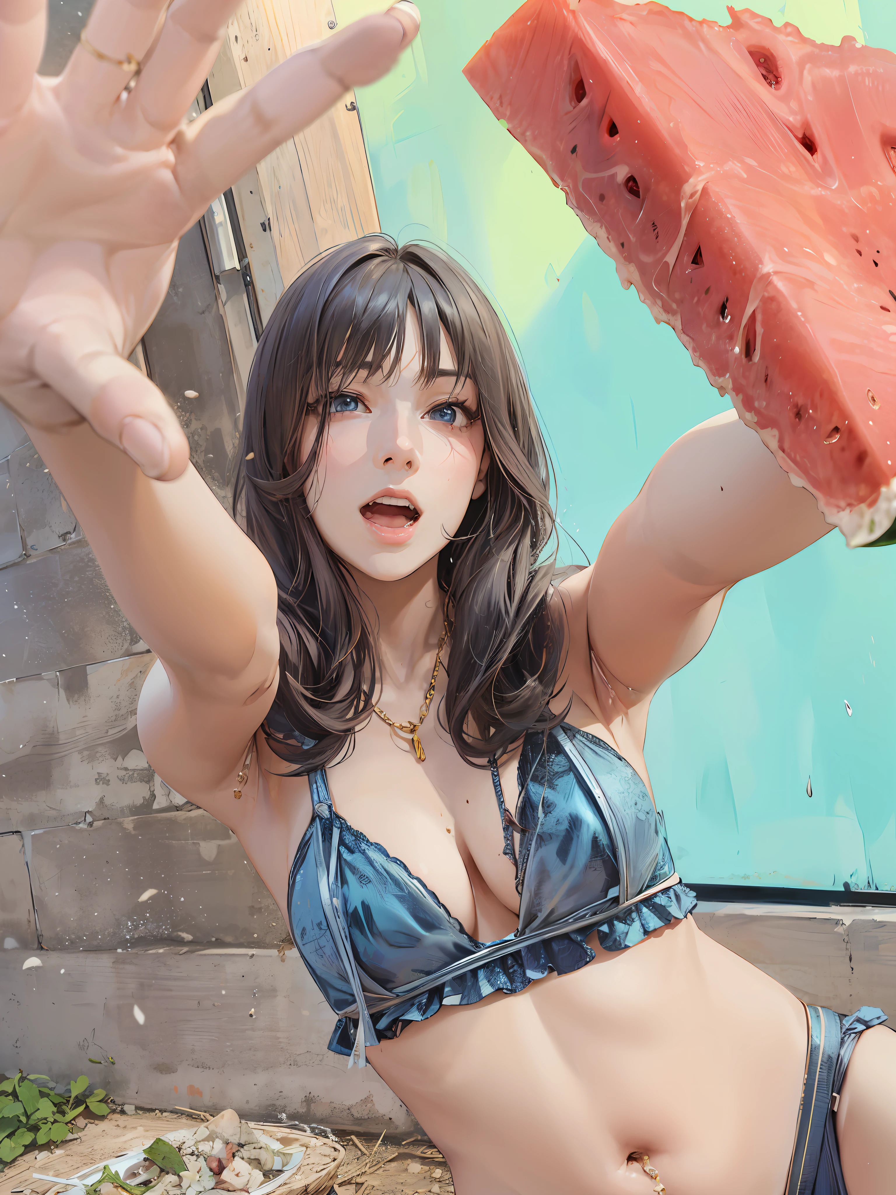 Alla Fed woman in bikini holding up a slice of watermelon, material is!!! Watermelon!!!, 奈良美智, Belle Delphine, Young skinny gravure idol, wearing two - piece swimsuit, Realistic Young Gravure Idol, cutecore, Young Pretty Gravure Idol, Young Gravure Idol, Hot with shining sun