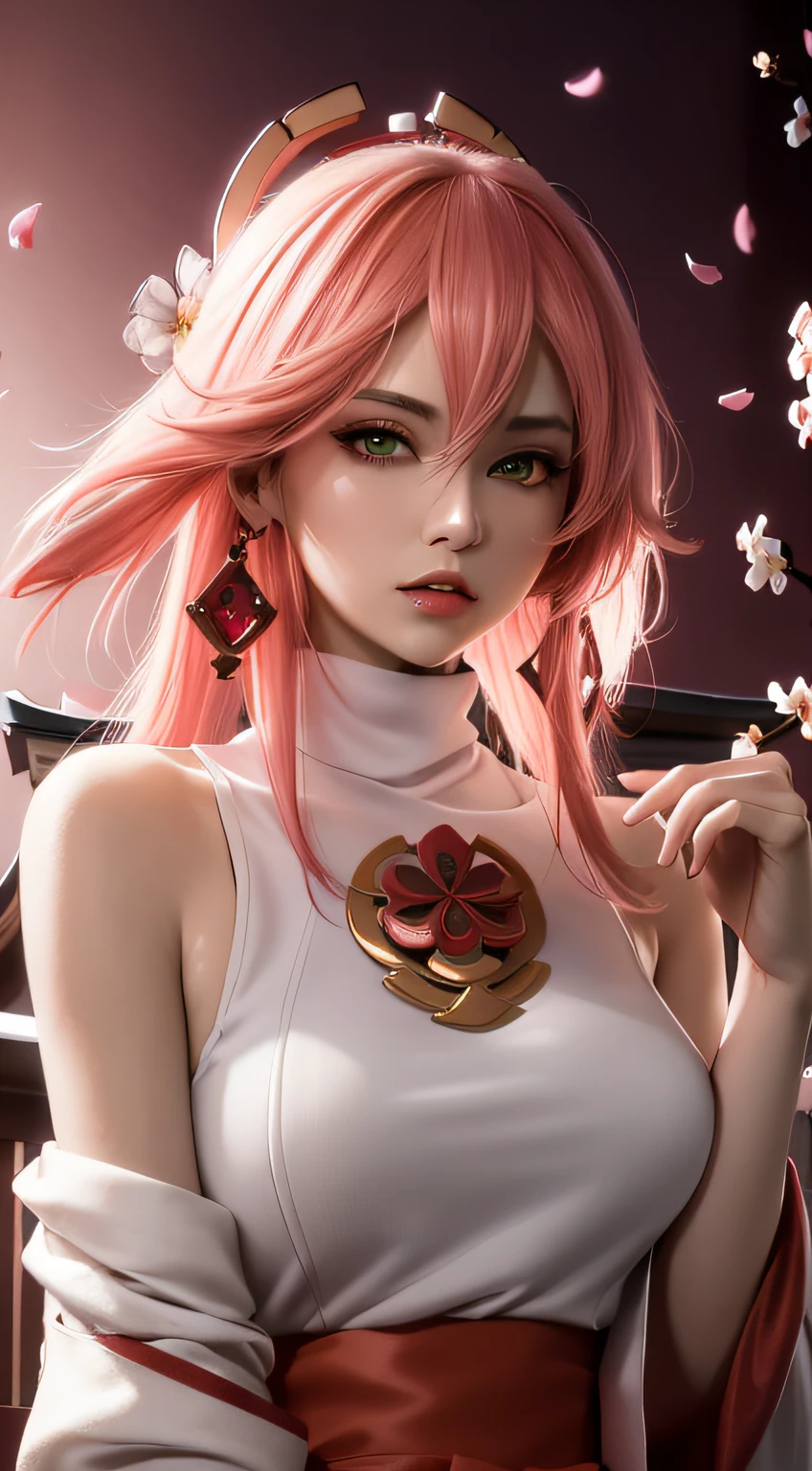 (Masterpiece, Excellent, 1girl, solo, complex details, color difference), realism, ((medium breath)), off-the-shoulders, big breasts, sexy, Yae Miko, long pink hair, red headdress, red highlight, hair above one eye, green eyes, earrings, sharp eyes, perfectly symmetrical figure, choker, neon shirt, open jacket, turtleneck sweater, against the wall, brick wall, graffiti, dim lighting, alley, looking at the audience, ((mean, seductive, charming)), ((cherry blossom background ))),((Japanese temple background)))), (((Glow-in-the-dark background)))