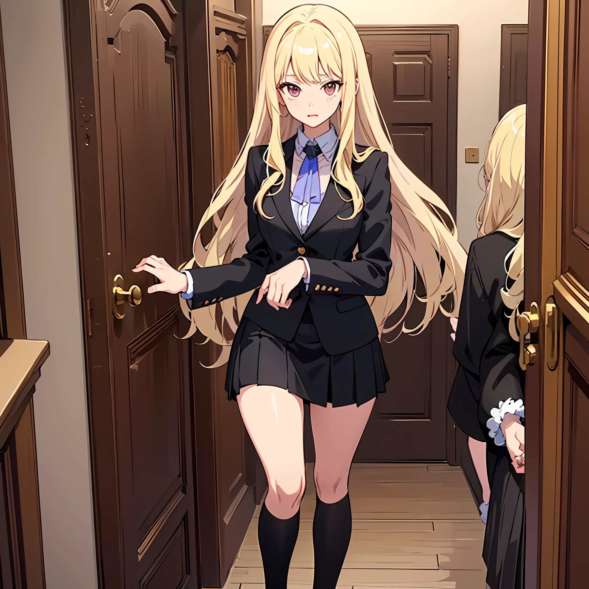 1girll，(Long fluffy blonde hair:1.6)，Business suit，Skirt that wraps hips，black long socks，Mature and beautiful，Rich and noble families，In the corridor of the villa，(knock:2)，facing away from the audience，Ultra-detailed CG，Exquisite facial features，Clear facial expressions，Detailed digital anime art，Digital anime art，High quality anime art style