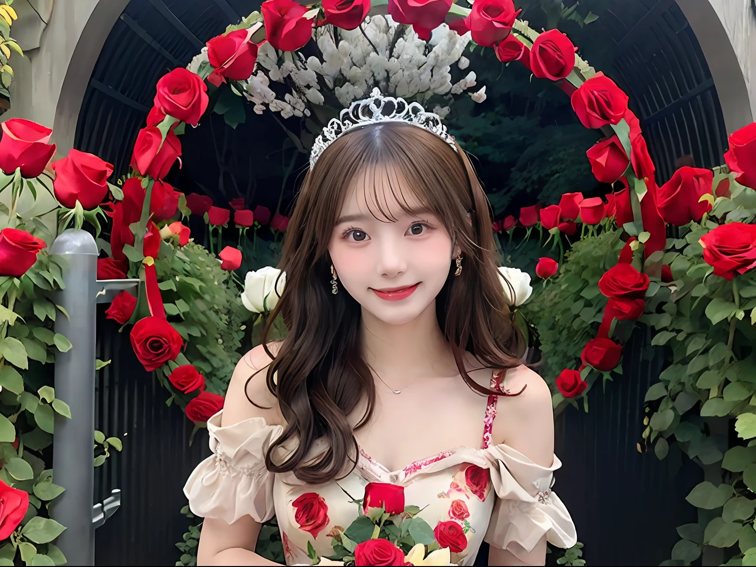best quality, masterpiece, ultra high res, (photorealistic:1.4), RAW photo,cinematic lighting,(a japanese girl:1.5),solo,20 years old,big breasts,(detailed beautiful face:1.5),(real skin:1.5),(slender,thin legs:1.3),(big eyes:1.3),(smiling:1.3),(brown wavy hair:1.5),(Princess,gorgeous dress,tiara:1.5),(in garden,arch roses:1.8),(millions of rose flowers:1.5),(gate decorated with roses:1.8),(circle of roses:1.5),