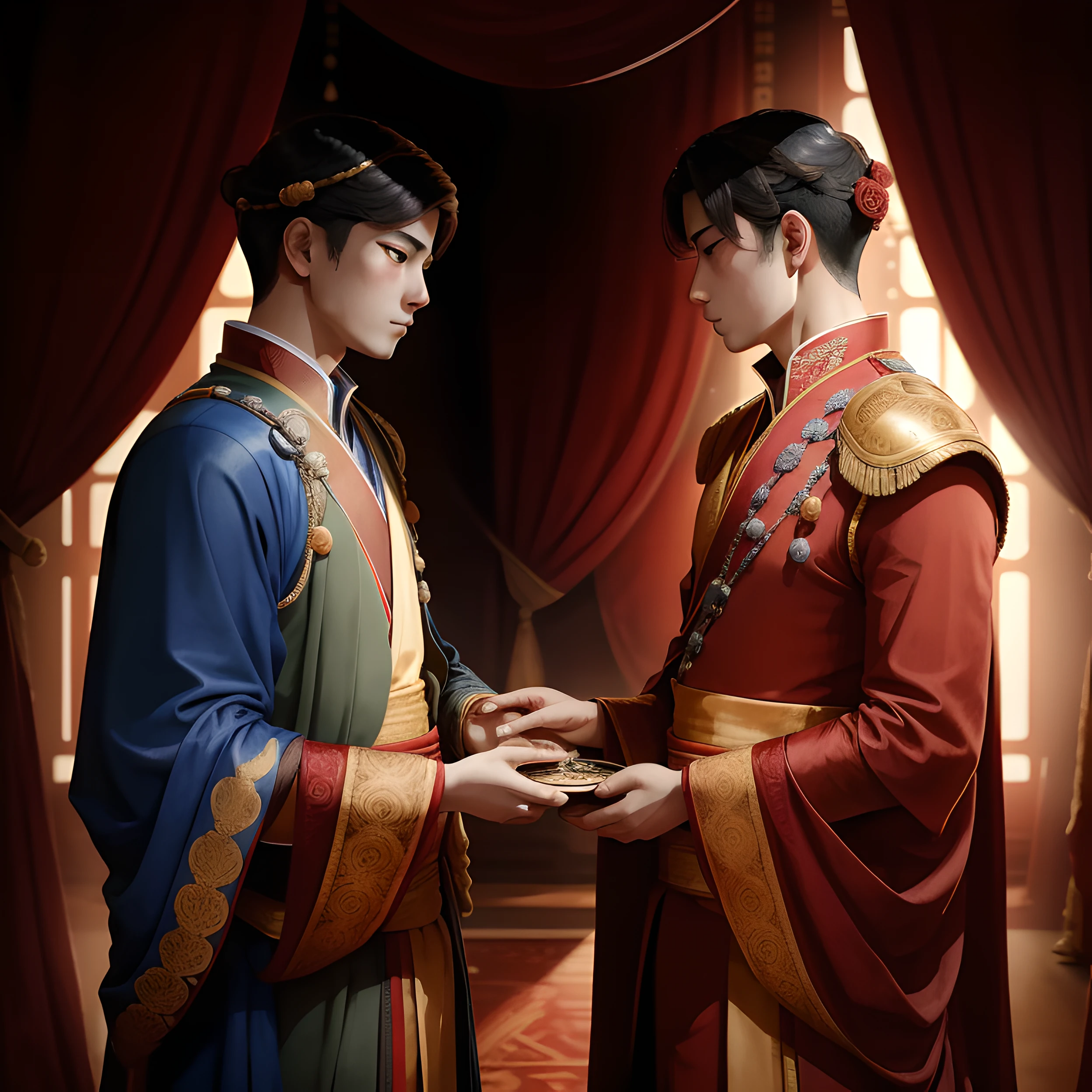 Two boys，One is the emperor，One is an official，The emperor whispered to the officials and got married in a long red Han dress --auto
