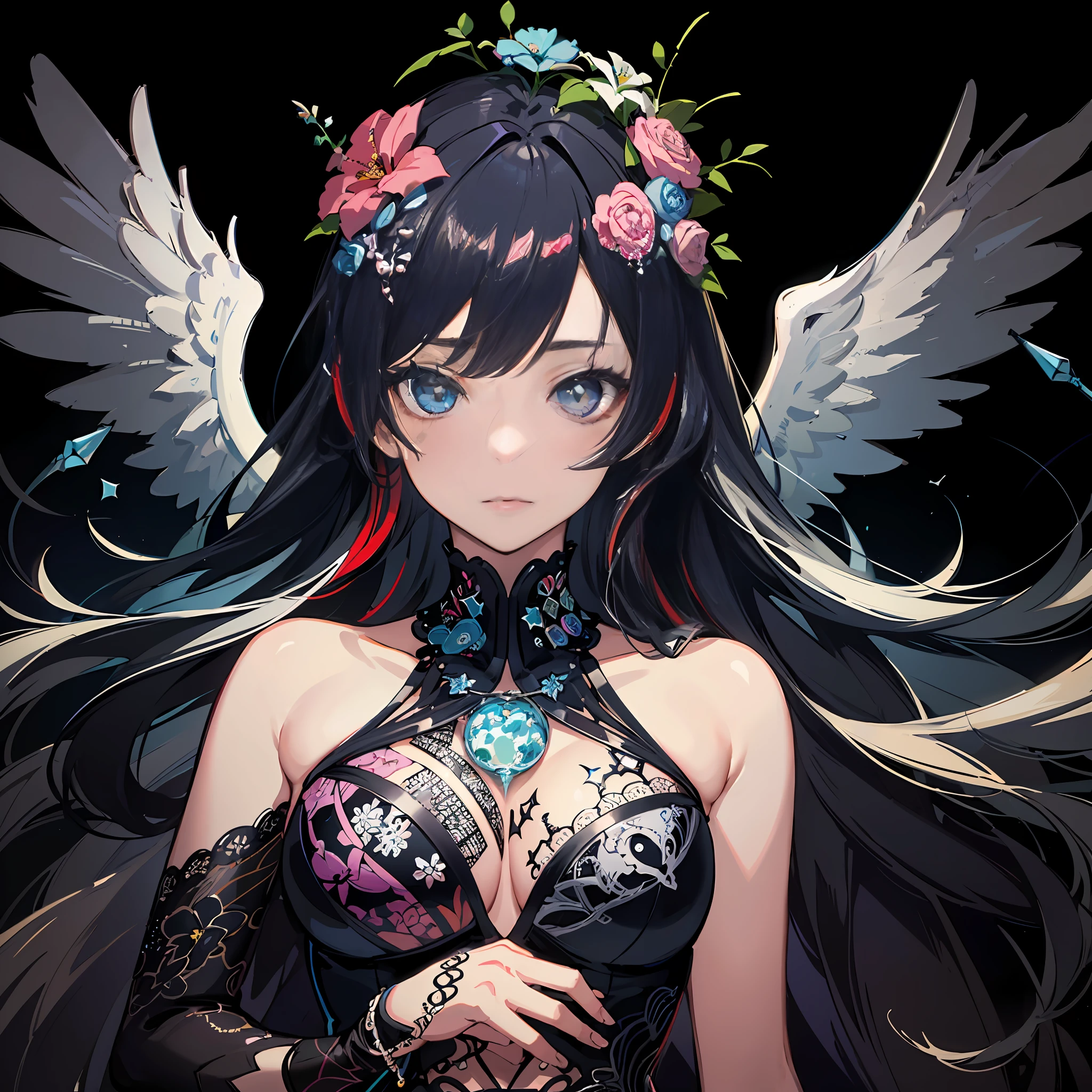 (maximalism:1.5), (absurderes:1.5), (hight resolution), (Best Quality:1.1), (Ultra-detailed:1.1), (extremely delicate and beautiful), 1 girl, Beautiful face, (Detailed face), Best Quality, portfolio, Angel、Crystal clear black hair、Longhaire、flat breast、Black Gothic Dress、Devil's wings on the back、Black sky、Darkness is wriggling、high-level image quality、Glitter、(Zentangle:1.5), (Kaleidoscope:1.2), paper_cut