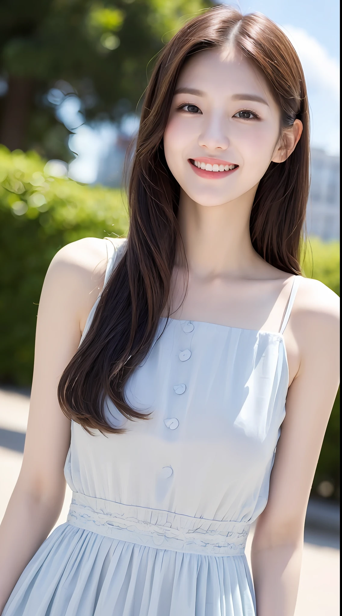 (1 Korean star with royal sister style), ((Best quality, 8K, 巨作: 1.3)), focal point: 1.2, Perfect body proportions: 1.4, (Make a smile), (Ray traching),Watery eyes, Highly Detailed Face and Skin Textur, Fine eyes, Double eyelids, Whitens the skin, (long whitr hair, Air bangs: 1.3), (face round: 1.5), (French dress white: 1.4), (Stand in the park,with blue sky and white clouds: 1.6),(Colorful background)