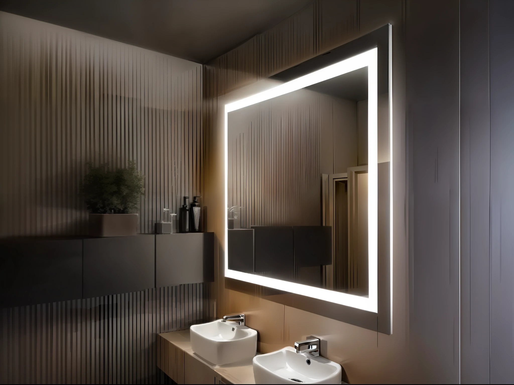 there is a bathroom with two sinks and a large mirror, mirror and glass surfaces, rectangle, dramatic ambient lighting, premium bathroom design, oled lights in corners, sleek design, with sleek lines and a powerful, crisp smooth clean lines, inside a frame on a tiled wall, bright ambient lighting, big mirrors, recessed, morning glow, modern design, accent lighting --auto
