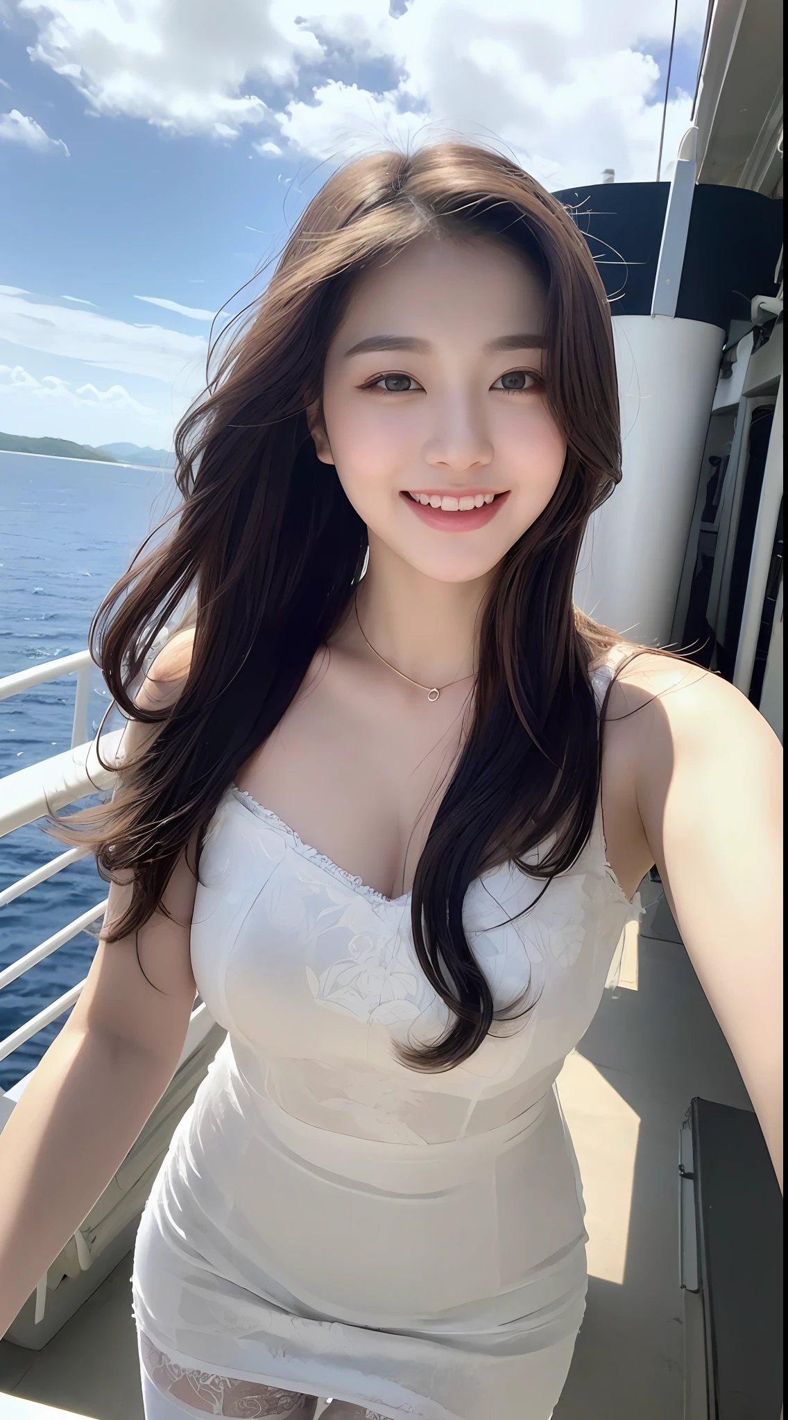 (1 Korean star with royal sister style), ((Best quality, 8K, 巨作: 1.3)), focal point: 1.2, Perfect body proportions: 1.4, (Make a smile), (Ray traching),Watery eyes, Highly Detailed Face and Skin Textur, Fine eyes, Double eyelids, Whitens the skin, (long whitr hair, Air bangs: 1.3), (face round: 1.5), (white dresses: 1.4), (standing on the ship: 1.6),(black lence stockings: 1.4),(film grain style:1.3),a sense of atmosphere,with blue sky and white clouds,the sea