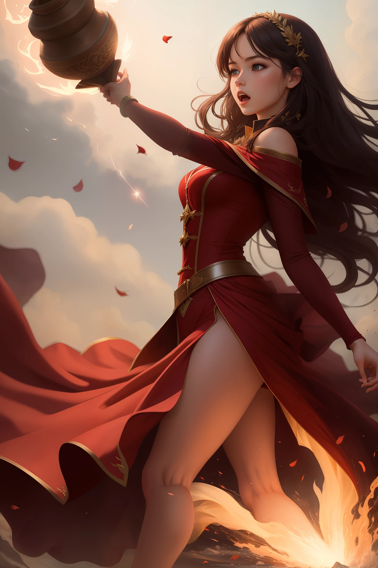 A young female wizard, amazing, in a red gown, unleashing her power
