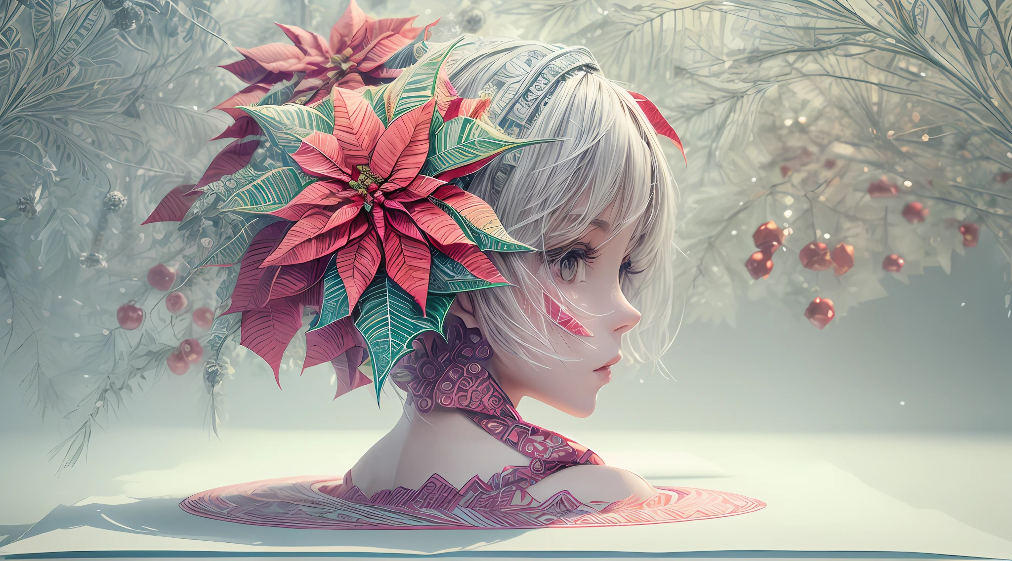 (symetry:1.5),(Side line of beauty:1.3),(Colorful Poinsettia flowers:1.2),White background,paper art,a 3D render,extremely detaile, in Winter, (zentangle:1.2), (geomerty:1.2),Cinematic lighting effects,4K,Masterpiece,