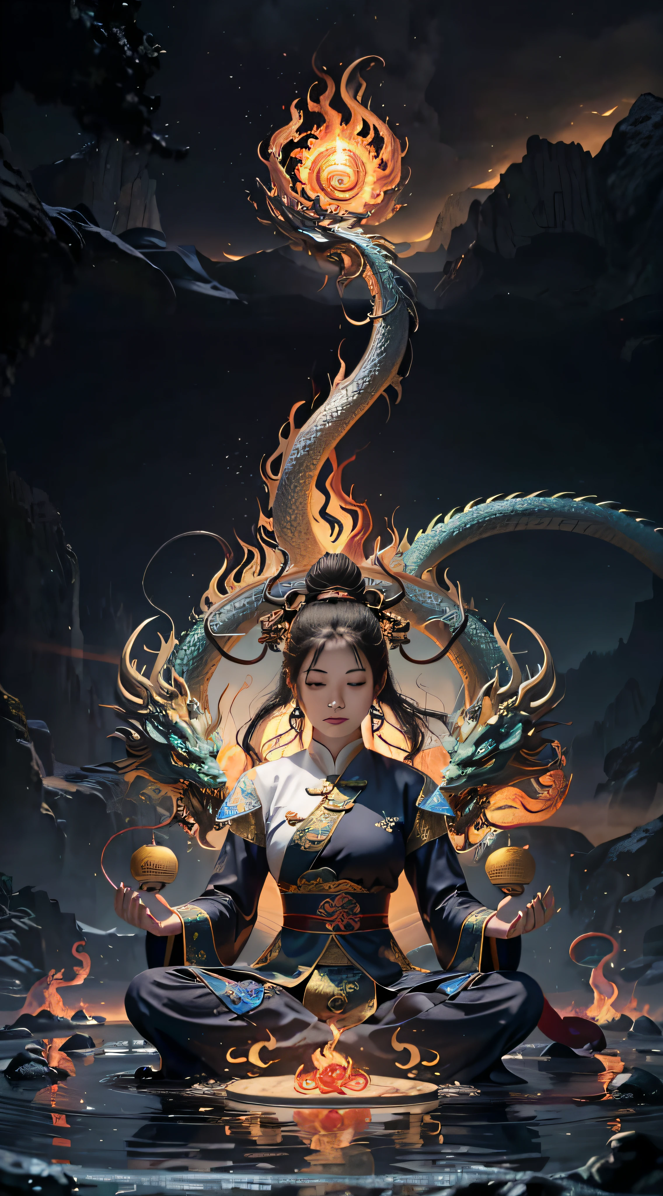 (Harmony, Balance, Yin and Yang), Chinese Silk Painting, Tai Chi Principles, Fluid Movement, Interconnected Elements, Interaction of Contrasting Forces, Taoist Philosophy, Touches of the I Ching, Warm and Cold Tones, Reflective Art, Inspired by Laozi, Zhuangzi, Yin and Yang Diagram, Tai Chi Diagram, Bagua Diagram, Spirit and Flesh Unity, 1boy, Solo, Breast Grabbing, Taoism, Summoning Magic, Movie Lights, Fire and Ice Splitting, Bagua Background, Round Bagua, Yiyang, Taoist Practice, Meditation Meditation, Buddha Meditation, Buddha Meditation, Spiral Dragon, Top Cloud Dragon,