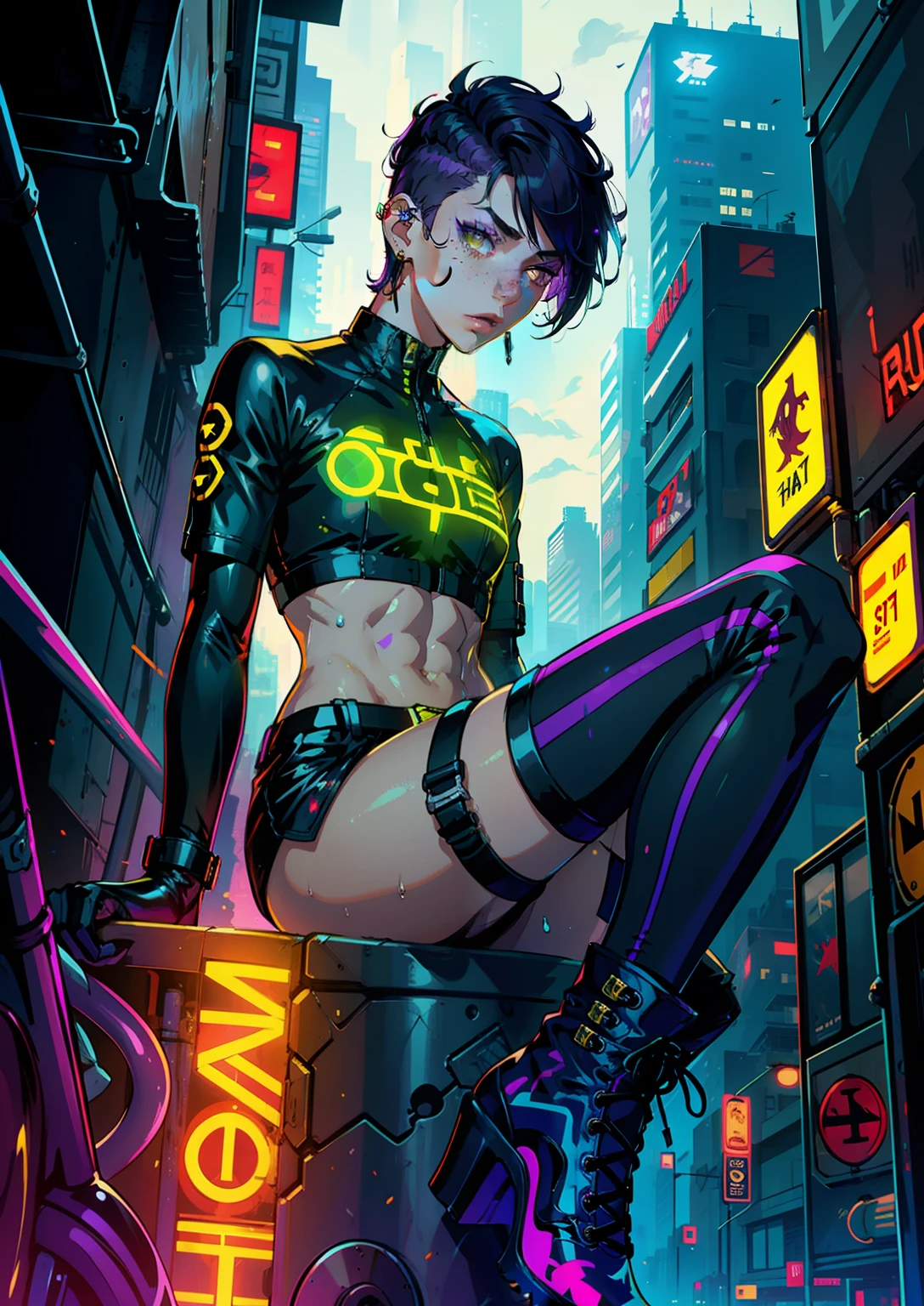 1boy,solo,colorful,yellow eyes,cyberpunk,city,peace sign,earrings,purple hair,eye patche,freckles,prothesis,mechanic,neon,beautiful lighting,purple reflection,cap,smoking,character focus,cg illustration,bust shot,yellow and black outfit,brown hair, tomboy, makeup , full body , long boots , heels, gatner belt, short top, sockings, model pose, gloves, light clothes, wet clothes, transparent clothes, small boobs, undercut hair, pierced lips, naked abs, long sockings,