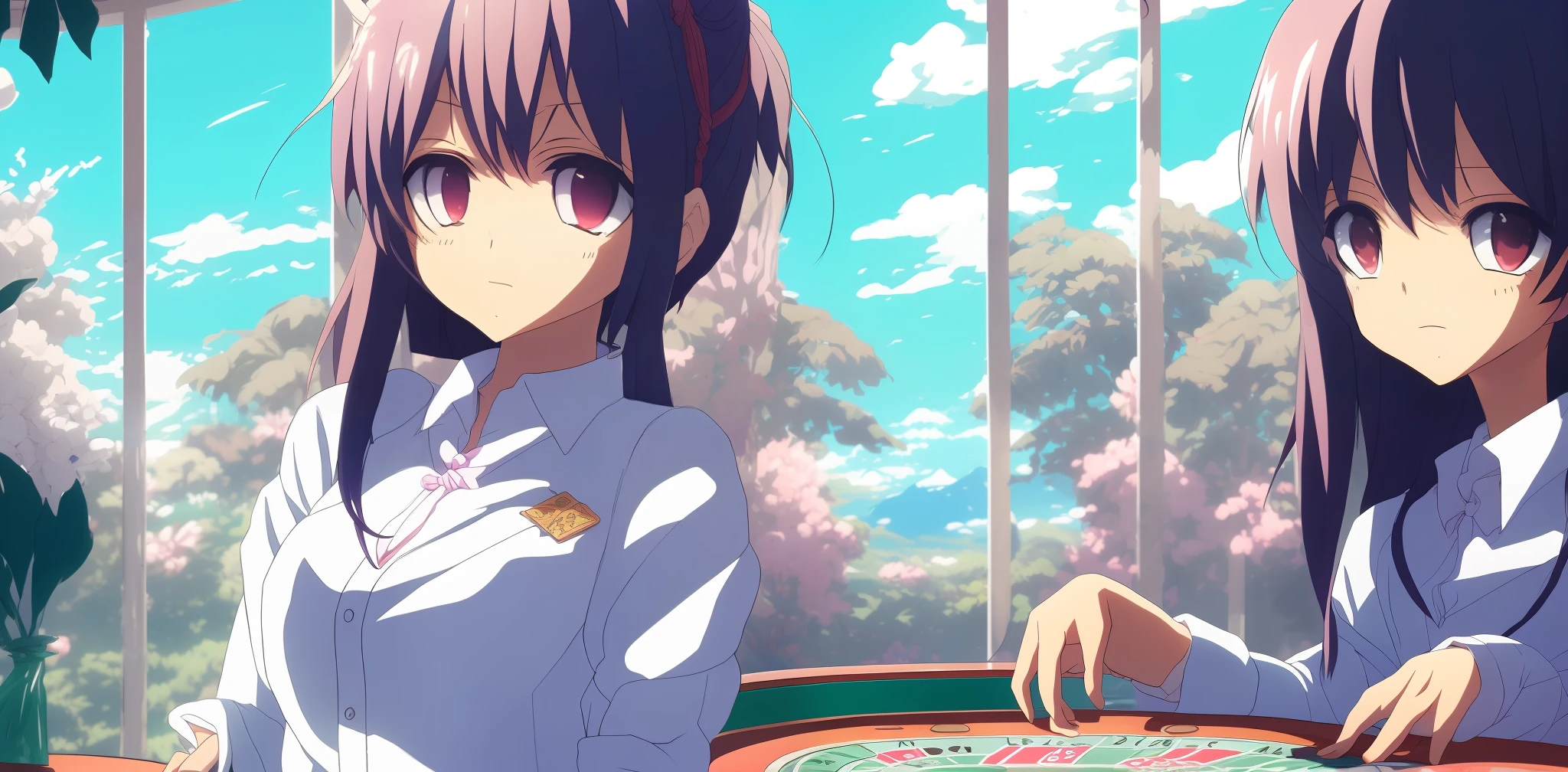 Fundo do Casino, 1girl, menina anime, jogando sinuca, expression of happiness, orelhas de gato, rabo de gato, twin tails, louro, (olhos verdes e olhos azuis ), roupas de luxo, corpo perfeito, 2 meninas