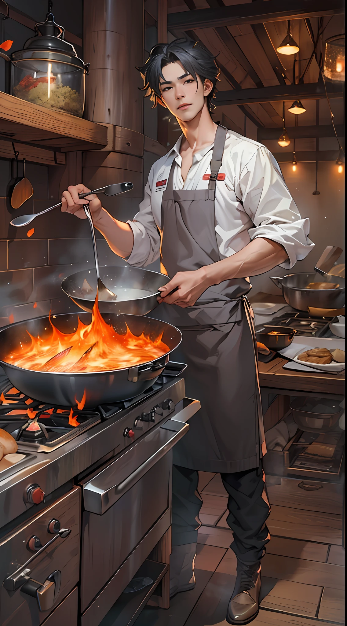 a character is cooking on a huge fire, in the style of the stars art group xing xing, realistic portrait, handsome, gongbi, romantic academia, happenings, pastoral charm   , 32k, best quality, masterpiece, super detail, high details