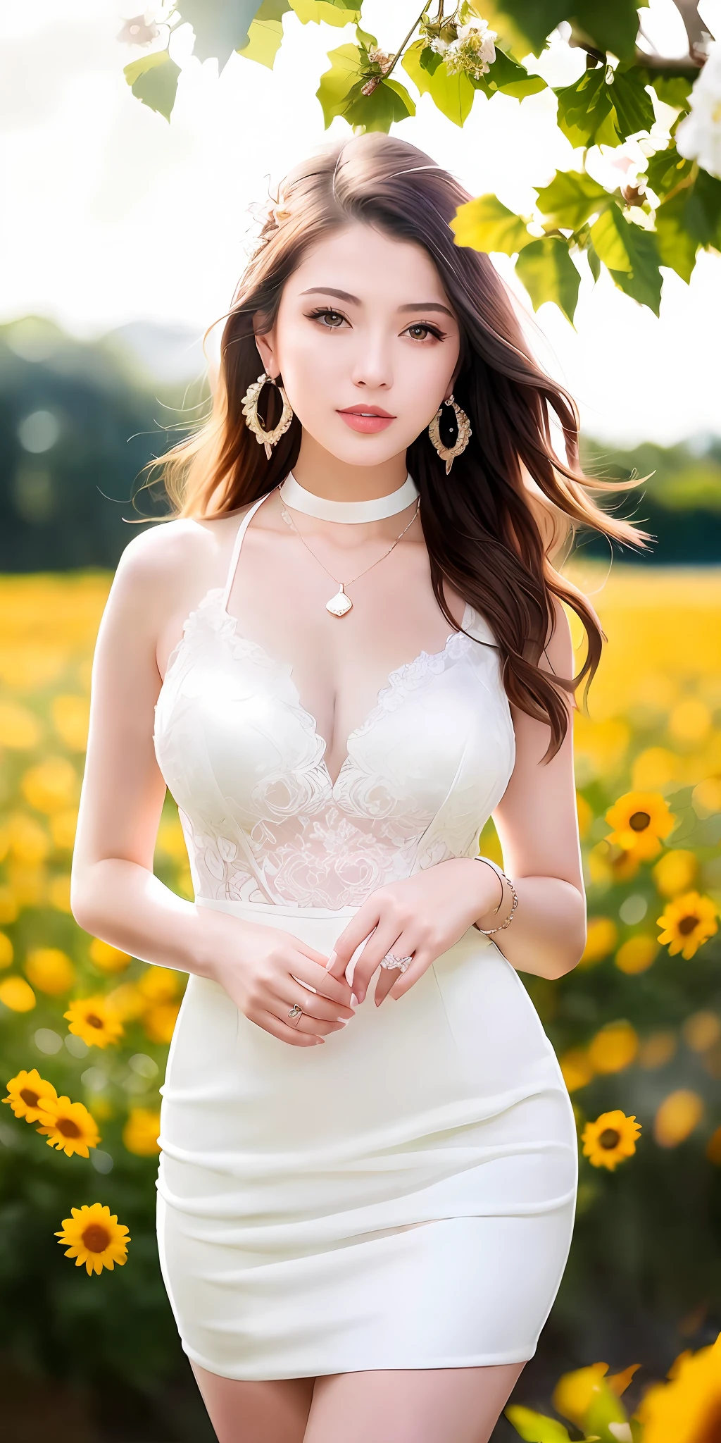 best qualtiy,tmasterpiece,超高分辨率,(realisticlying:1.4),RAW photogr,beautiful photograph (N4T3 mm:0.99), A 20-year-old woman, stand posture,Brown hair long, 耳Nipple Ring,choker necklace,Issuing,White dress long dress,white wedding gown,Solid color panties,Bare legged,long leges,high-heels,In the daytime, flower field, (Masterpiece:1.2) (Photorealistic:1.2) (Bokeh) (Best quality) (Detailed skin:1.2) (Intricate details) (In the daytime) (8K) (hdr) (Cinematic lighting) (Sharp focus), (Looking at the camera:1.1), ((closeup portrait:1.2)), (Earrings)