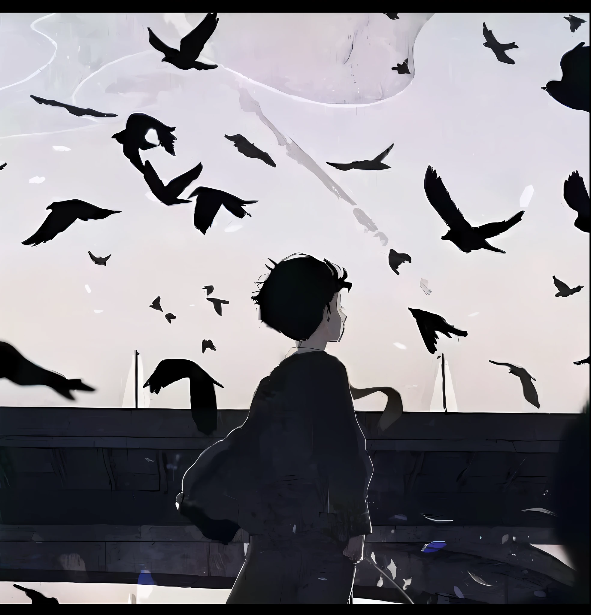 There was a man standing in front of a flock of birds, aesthetic award winning anime, animeaesthetic, animeaesthetic, author:New Art, Praise Artstyle, Guviz-style artwork, by Yang J, inspired by Tetsugoro Yorozu, Tumblr, Fields full of crows, Between the crows, takato yomamoto. 4 k''
